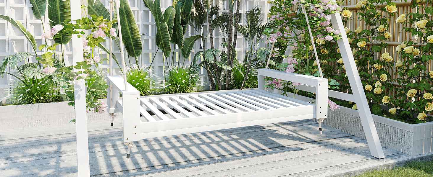 TOPMAX Twin Size Porch Swing Bed Seating Group, Patio Acacia Wood Swing Frame with Hemp Ropes for Garden, Backyard, White