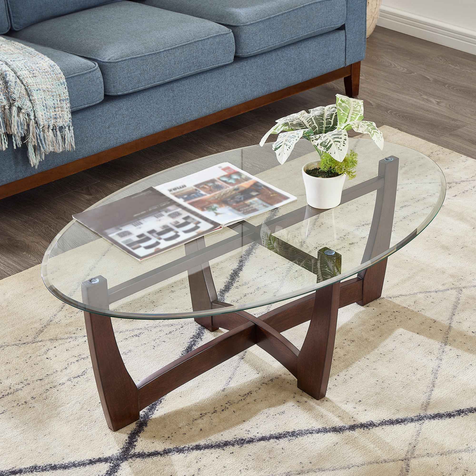 48 Inch Oval Glass Coffee Table, Cherry Round Coffee Table Center Table with Glass Top, Small Coffee Table for Living Room, Office and Apartment