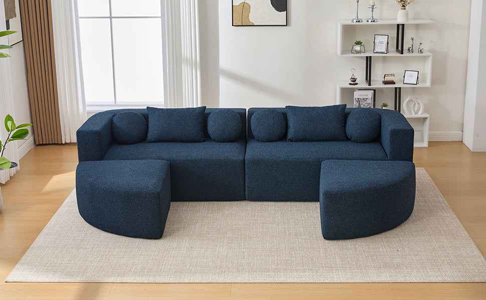 Boneless Couch Modular Sectional Sofa with Deep Seating and Curved Design in Blue Boucle, 114.9 Inches