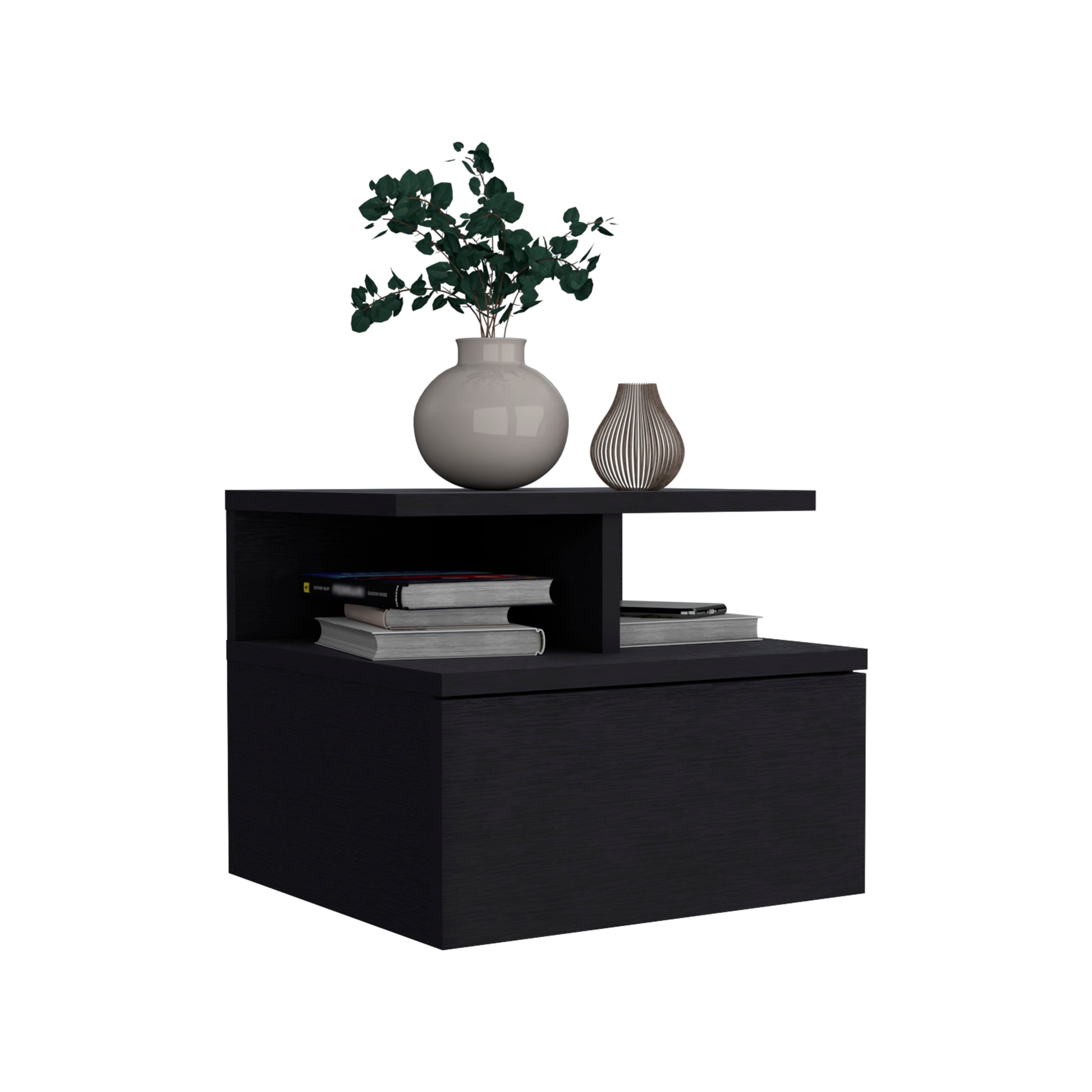 Floating Nightstand 12"H, Wall Mounted with Single Drawer and 2-Tier Shelf, Black - Abrihome