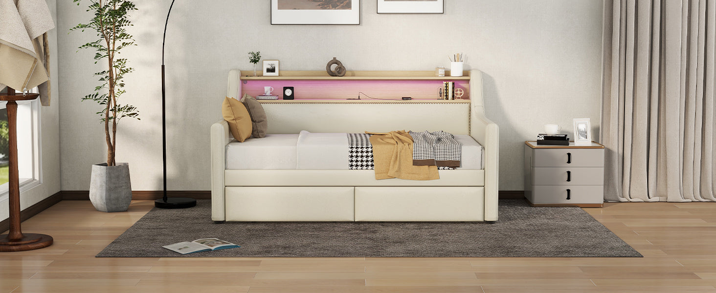 Twin Size Daybed with Storage Drawers, Upholstered Daybed with Charging Station and LED Lights, Beige (Old Item W1580S00022)