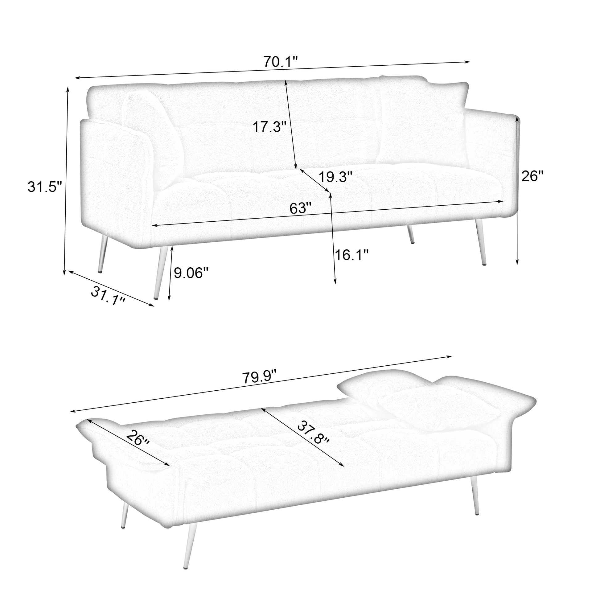 70.1 'futon sofa bed, convertible double sofa bed with folding armrests for living rooms and small Spaces - Abrihome