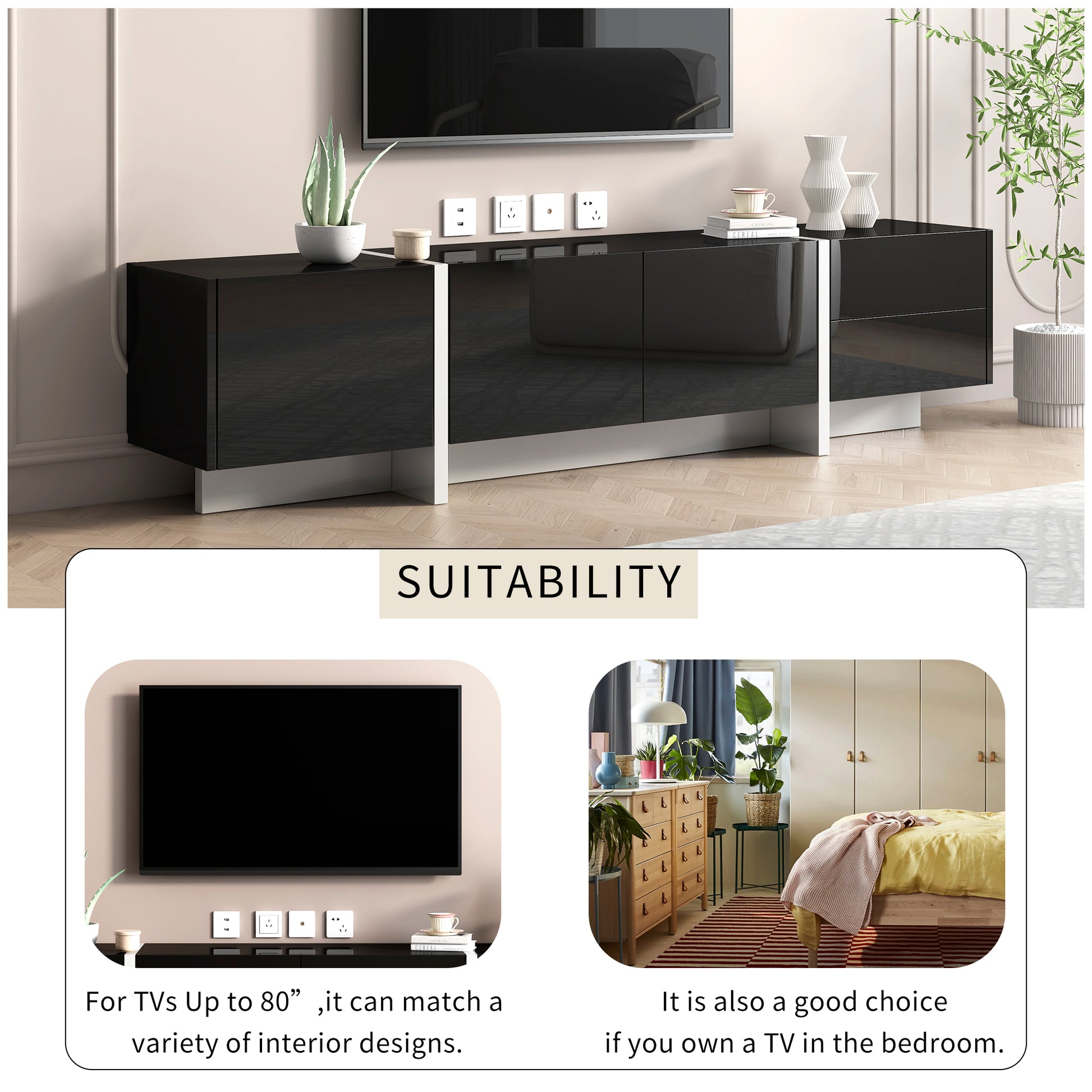 ON-TREND White & Black Contemporary Rectangle Design TV Stand, Unique Style TV Console Table for TVs Up to 80'', Modern TV Cabinet with High Gloss UV Surface for Living Room. - Abrihome