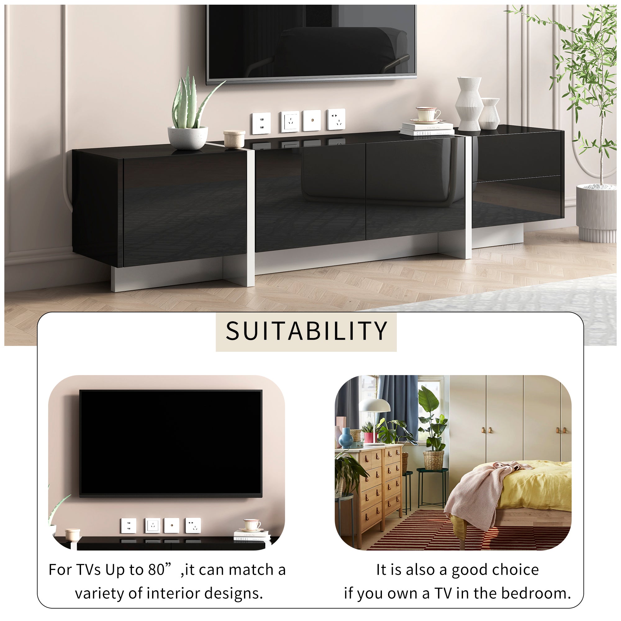 ON-TREND White & Black Contemporary Rectangle Design TV Stand, Unique Style TV Console Table for TVs Up to 80'', Modern TV Cabinet with High Gloss UV Surface for Living Room. - Abrihome