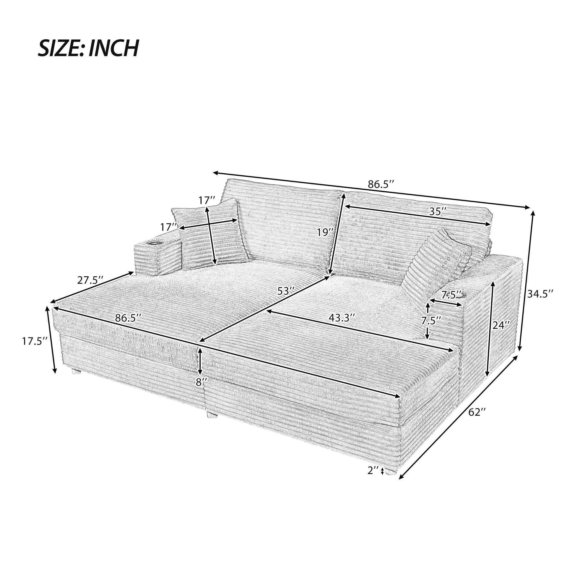 Oversized Loveseat Chaise Lounge Sectional Sofa Bed with USB Ports, Cup Holders, Throw Pillows, Dark Gray Corduroy, 86.5'