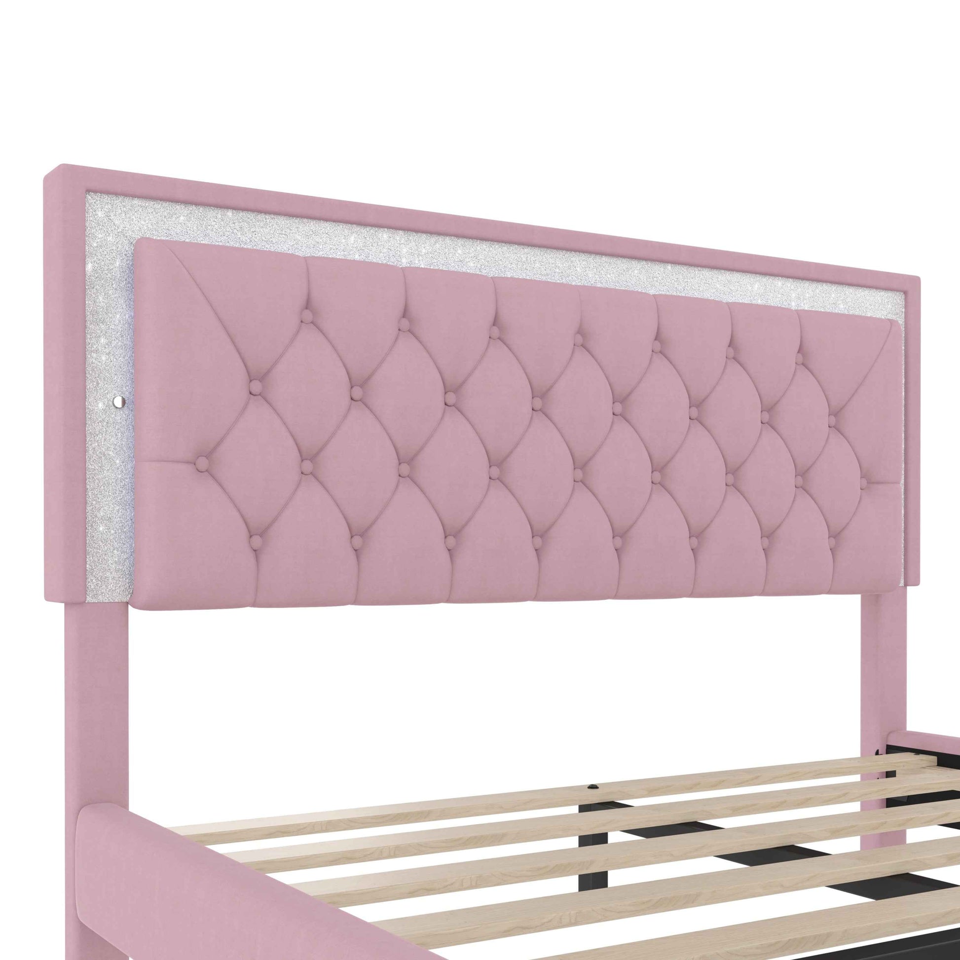 Queen Size Upholstered Bed Frame with LED Lights,Modern Velvet Platform Bed with Tufted Headboard,Pink