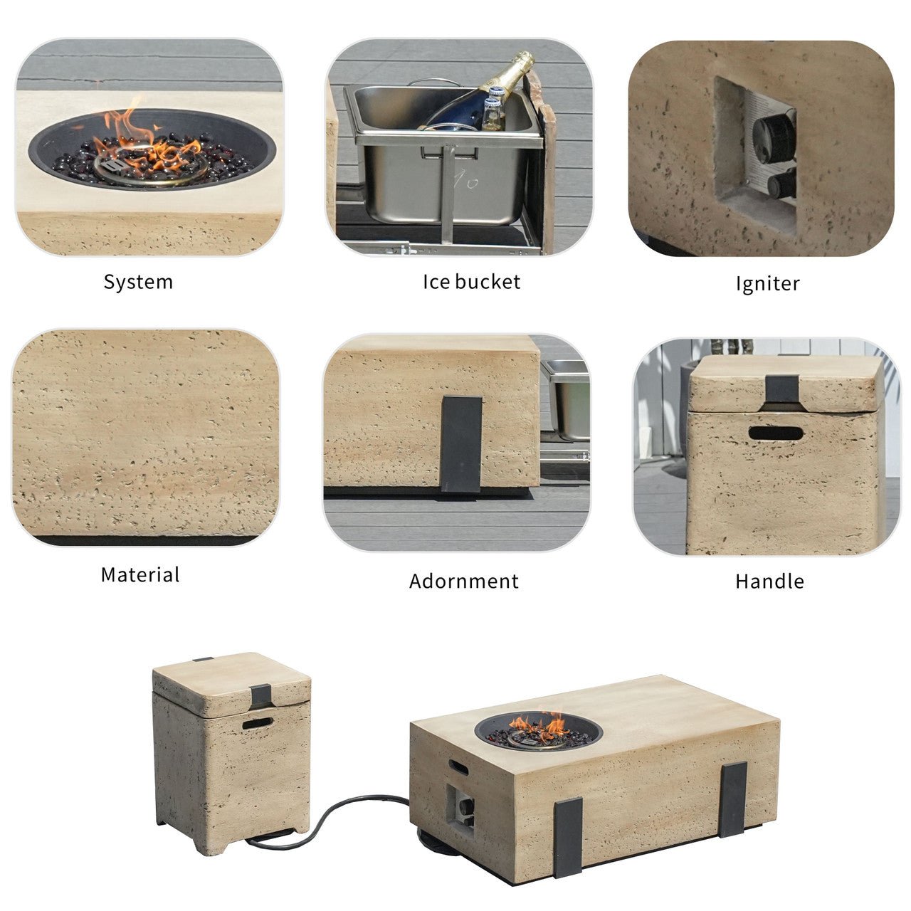 Firepit Table Set with Stainless Steel Ice Bucket & Gas Tank Side Table (PAG-2355) - Direct Wicker