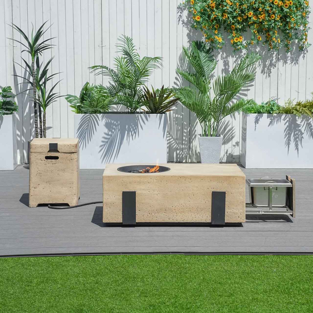 Firepit Table Set with Stainless Steel Ice Bucket & Gas Tank Side Table (PAG-2355)