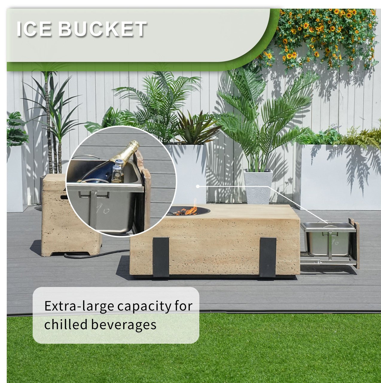 Firepit Table Set with Stainless Steel Ice Bucket & Gas Tank Side Table (PAG-2355) - Direct Wicker