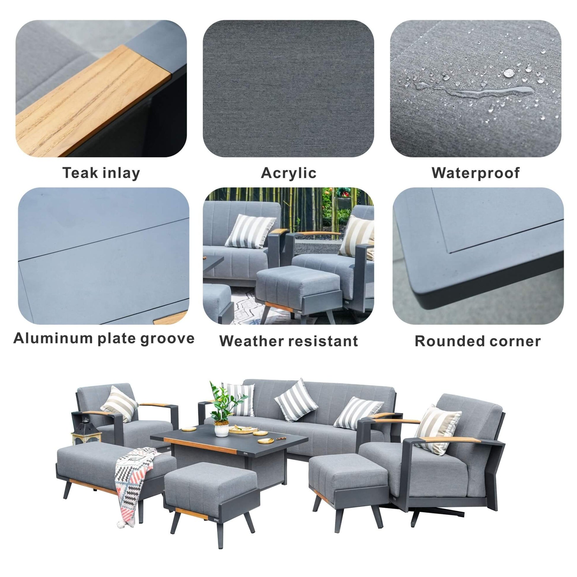 Gray Aluminum Outdoor Sofa Set with Teak Inlay Armrests - Direct Wicker