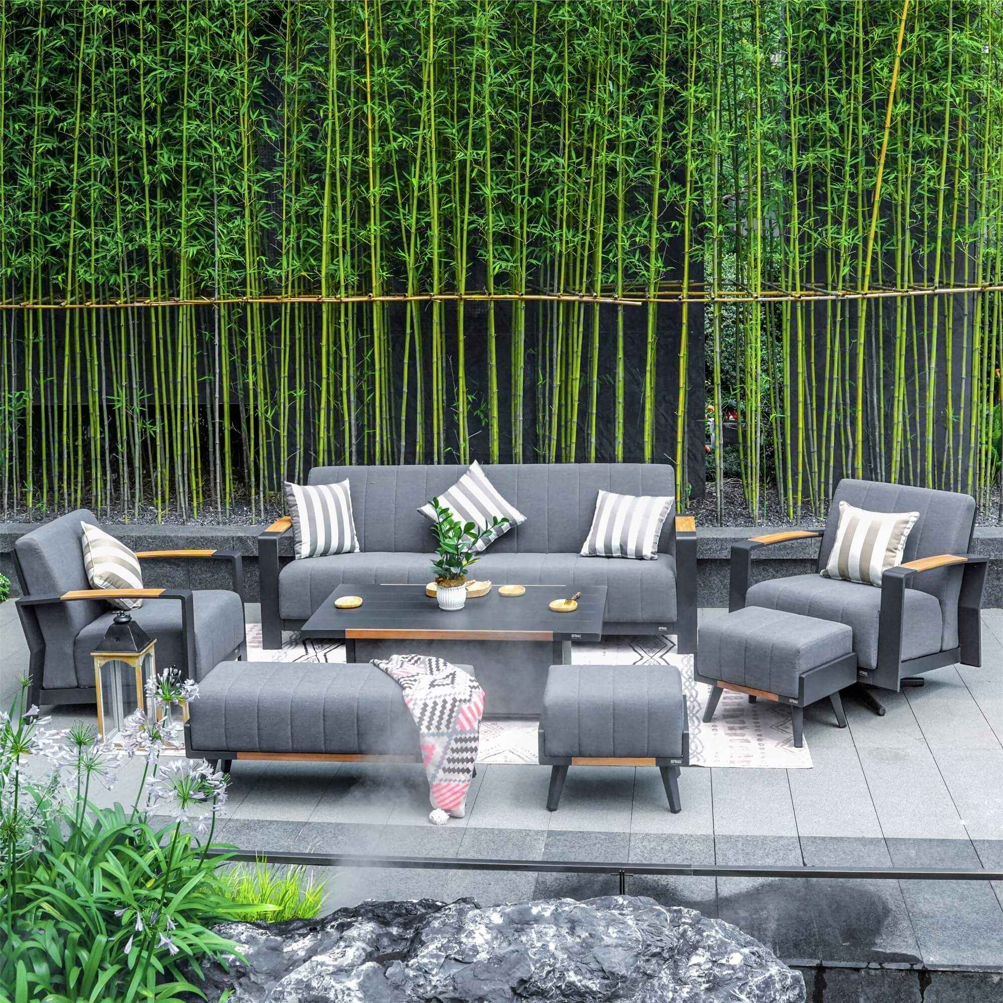 Gray Aluminum Outdoor Sofa Set with Teak Inlay Armrests (PAS-2335-SET+2337TA)