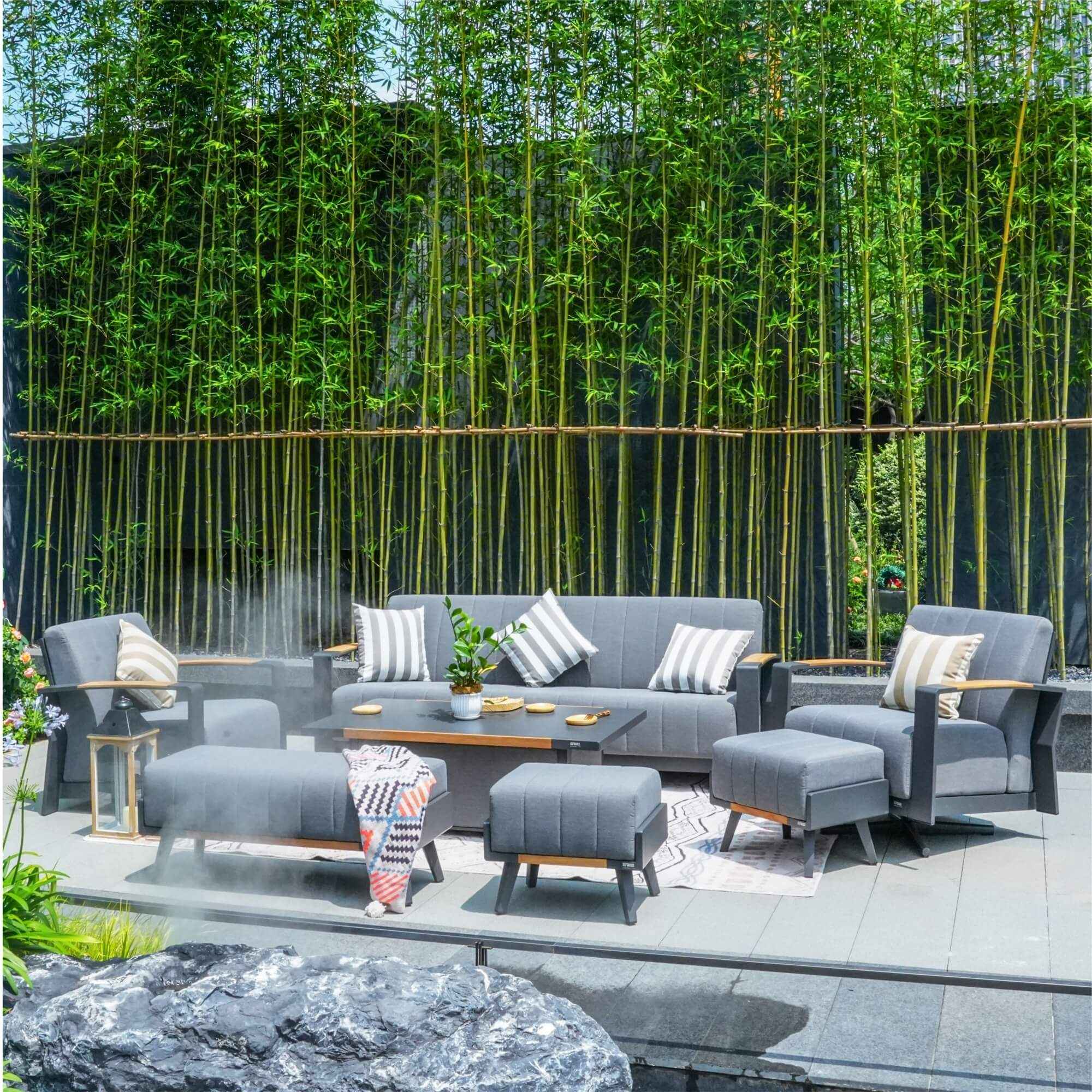 Gray Aluminum Outdoor Sofa Set with Teak Inlay Armrests (PAS-2335-SET+2337TA)