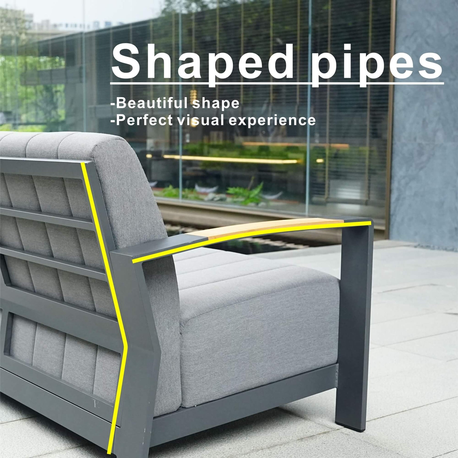 Gray Aluminum Outdoor Sofa Set with Teak Inlay Armrests - Direct Wicker