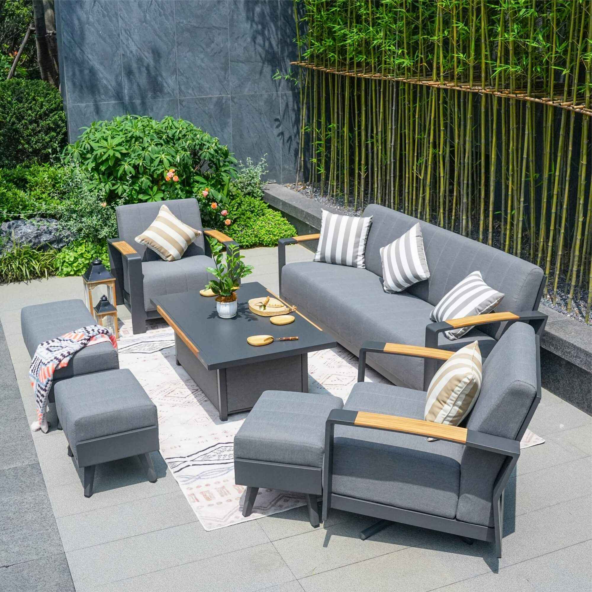 Gray Aluminum Outdoor Sofa Set with Teak Inlay Armrests (PAS-2335-SET+2337TA)