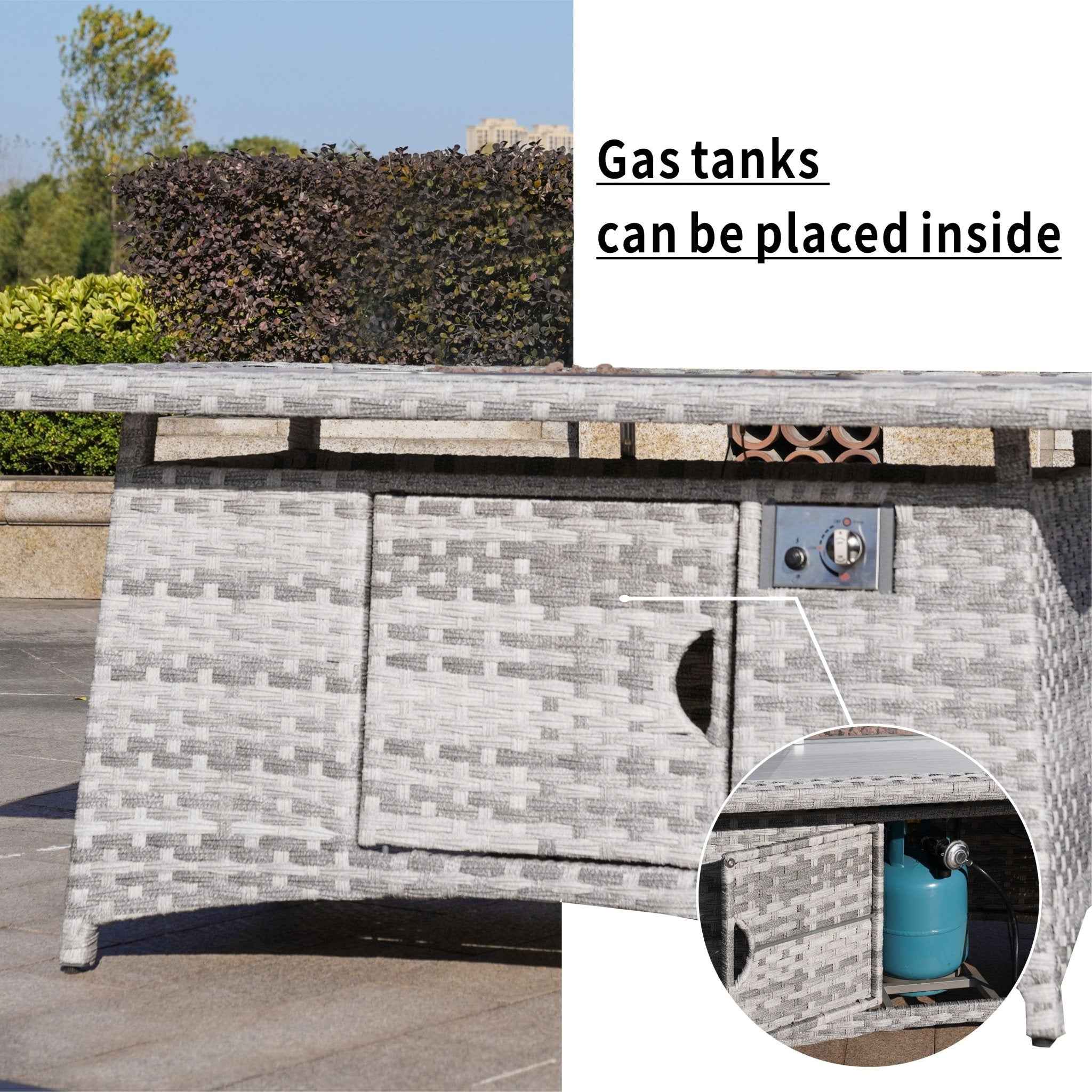 Gray-White Fire Pit Table – Outdoor Patio Coffee Table with Wind Guard and Propane Storage