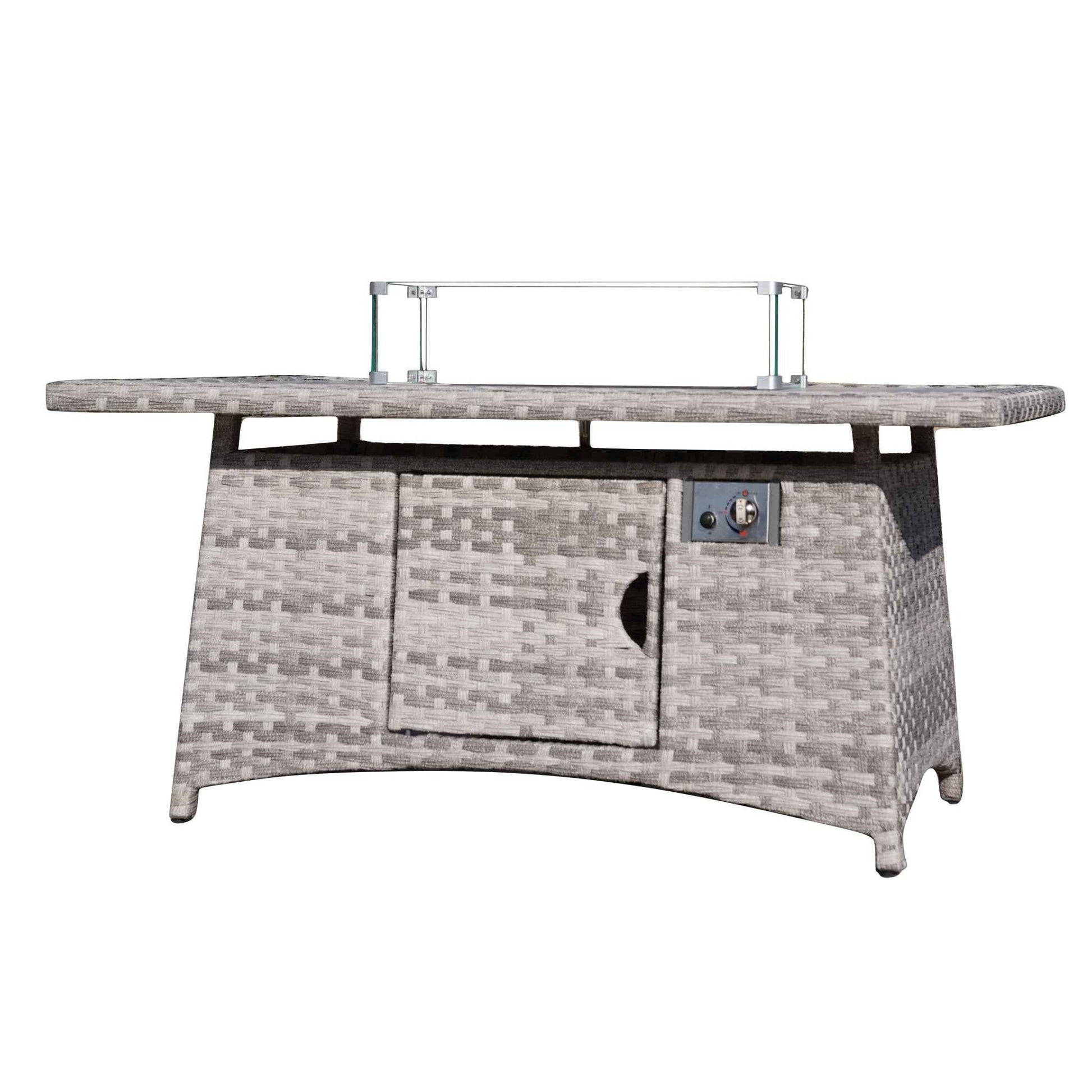 Gray-White Fire Pit Table – Outdoor Patio Coffee Table with Wind Guard and Propane Storage