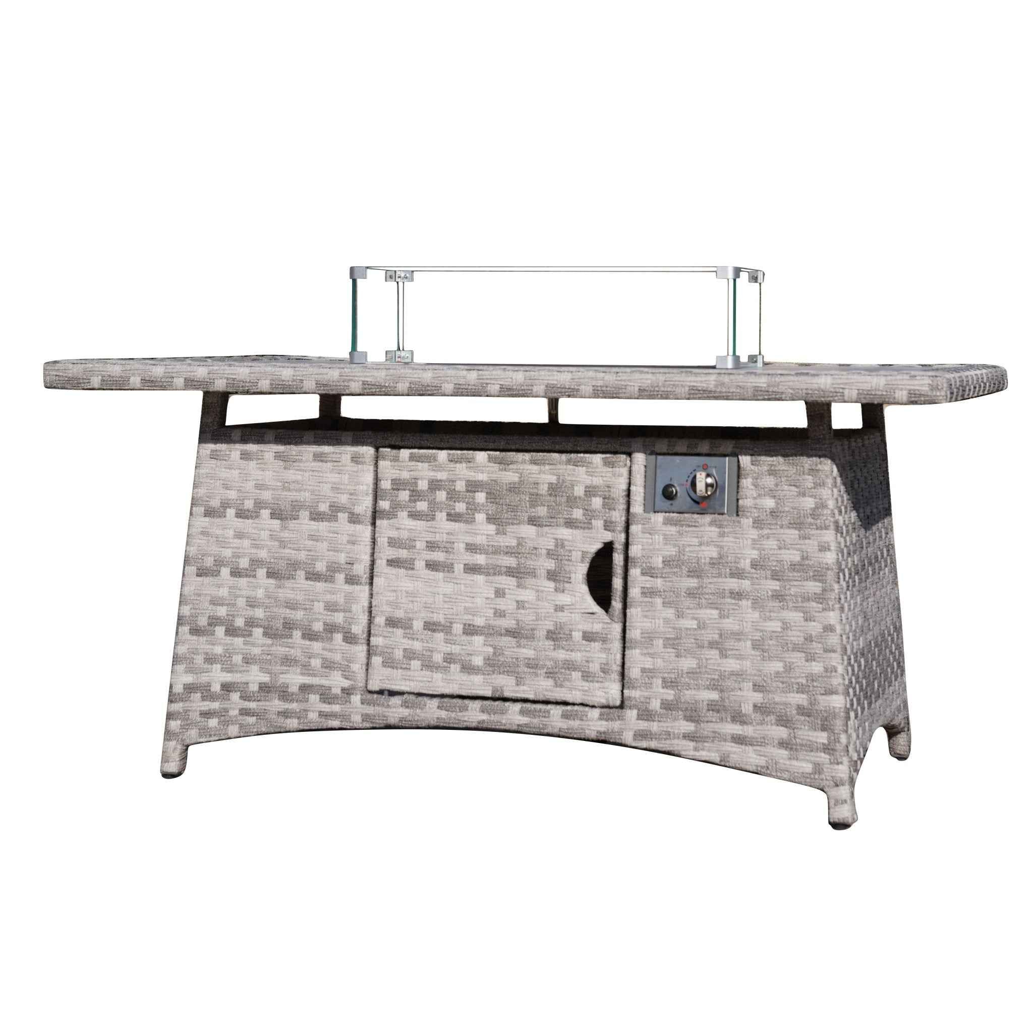 Gray-White Fire Pit Table – Outdoor Patio Coffee Table with Wind Guard and Propane Storage