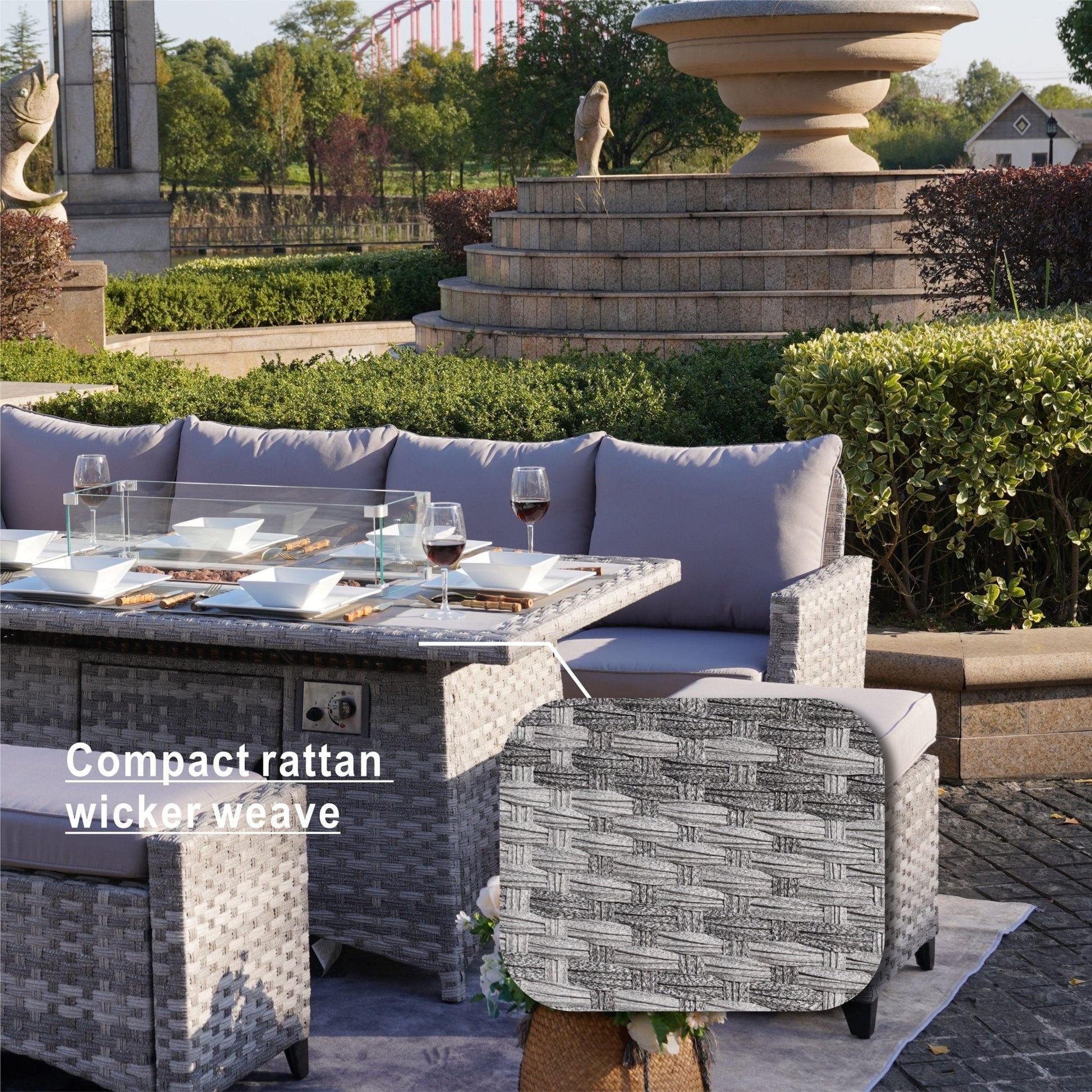 Gray - White Fire Pit Table – Outdoor Patio Coffee Table with Wind Guard and Propane Storage - Direct Wicker