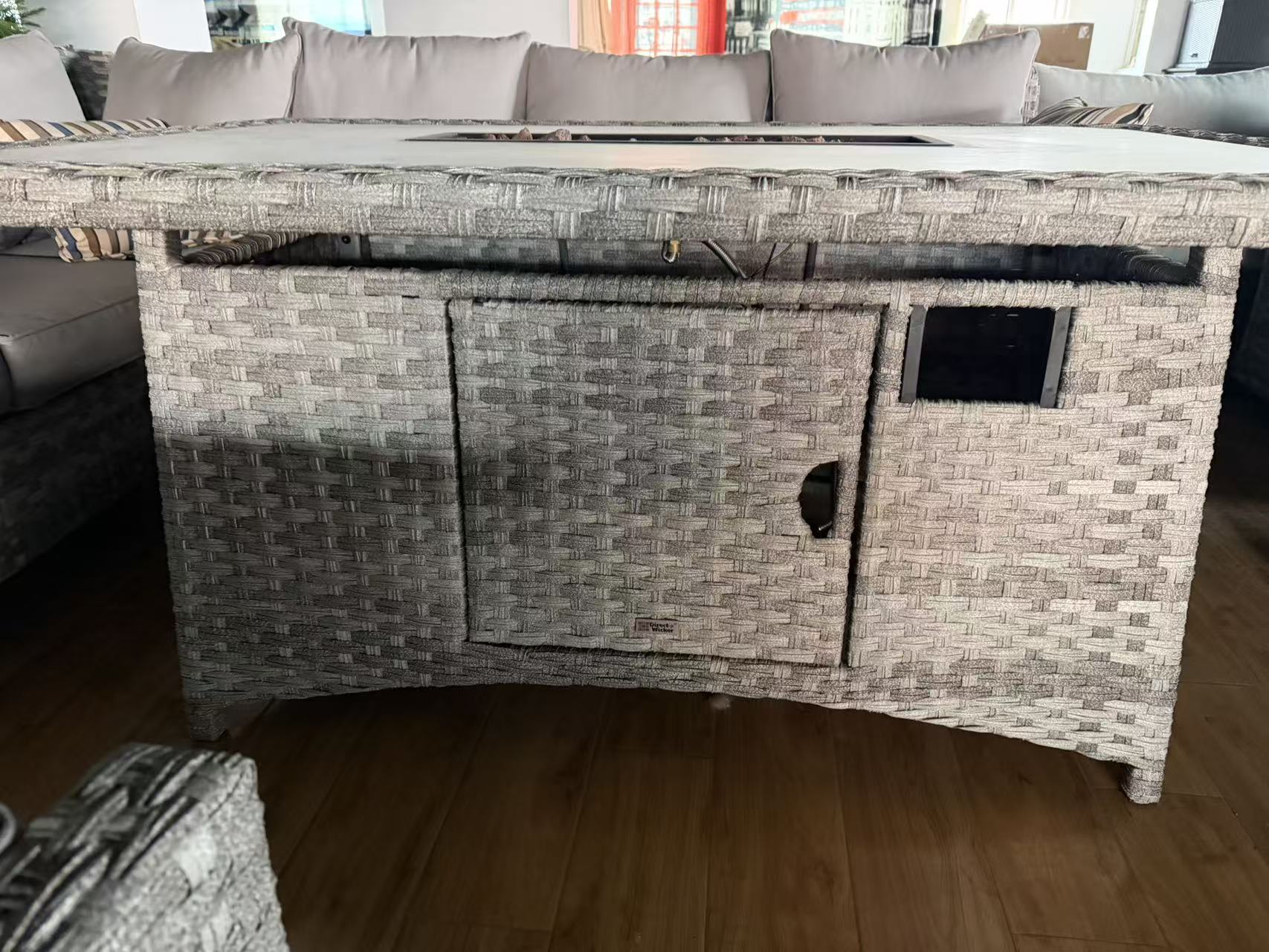 Gray - White Fire Pit Table – Outdoor Patio Coffee Table with Wind Guard and Propane Storage - Direct Wicker