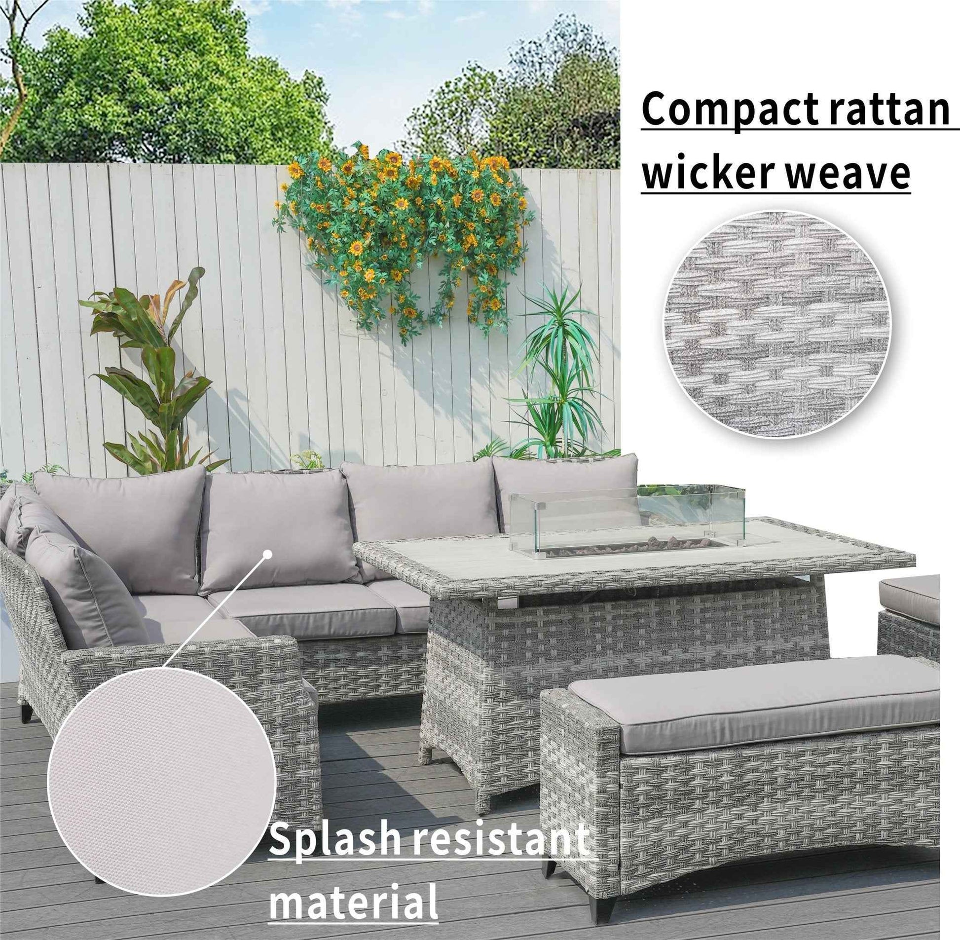 Gray-White Fire Pit Table – Outdoor Patio Coffee Table with Wind Guard and Propane Storage