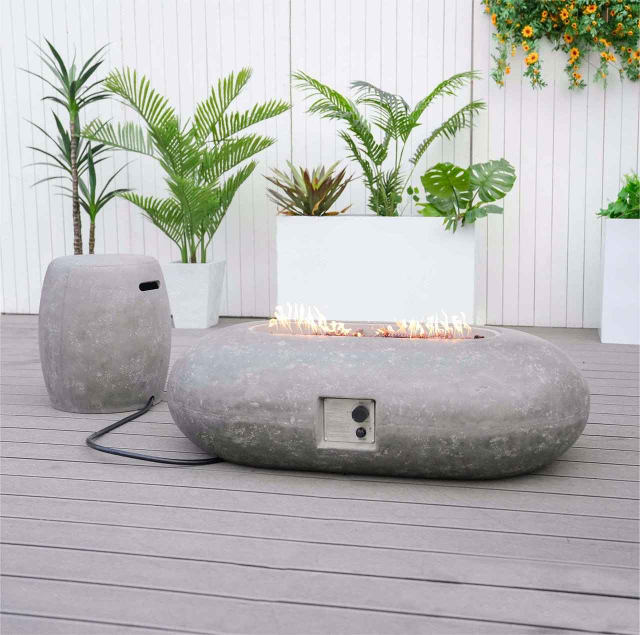 Grey Oval Cement Firepit Table with Gas Cylinder Cover (PAG-24912)