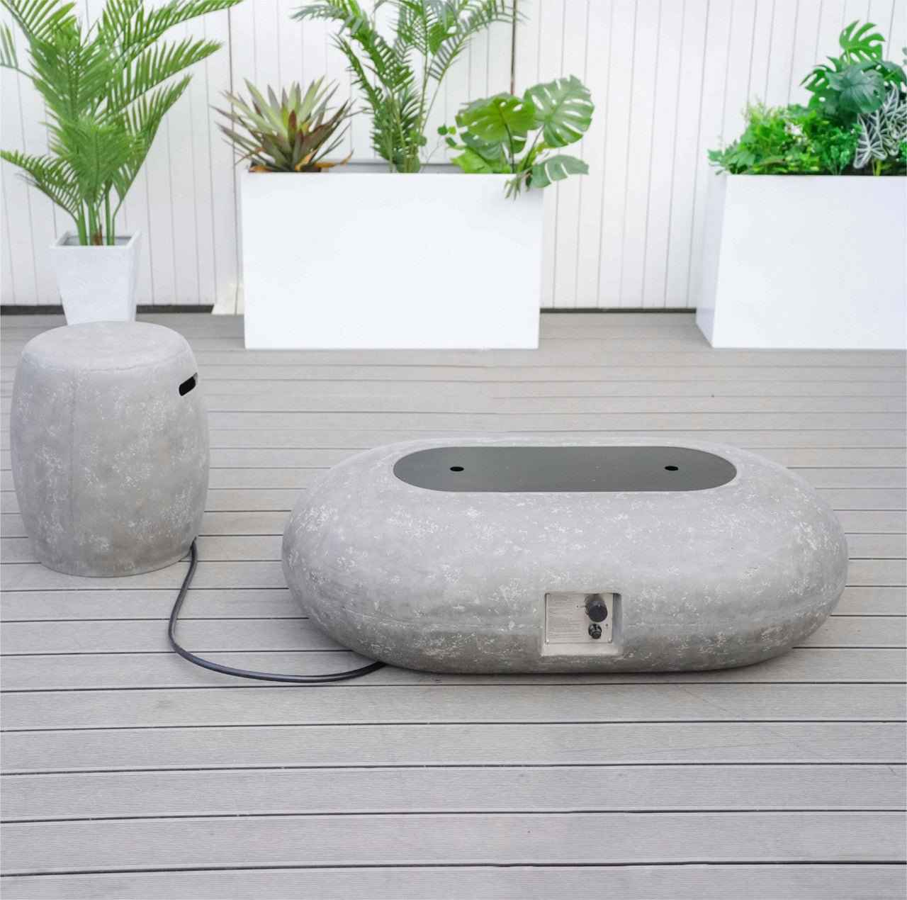 Grey Oval Cement Firepit Table with Gas Cylinder Cover (PAG-24912)