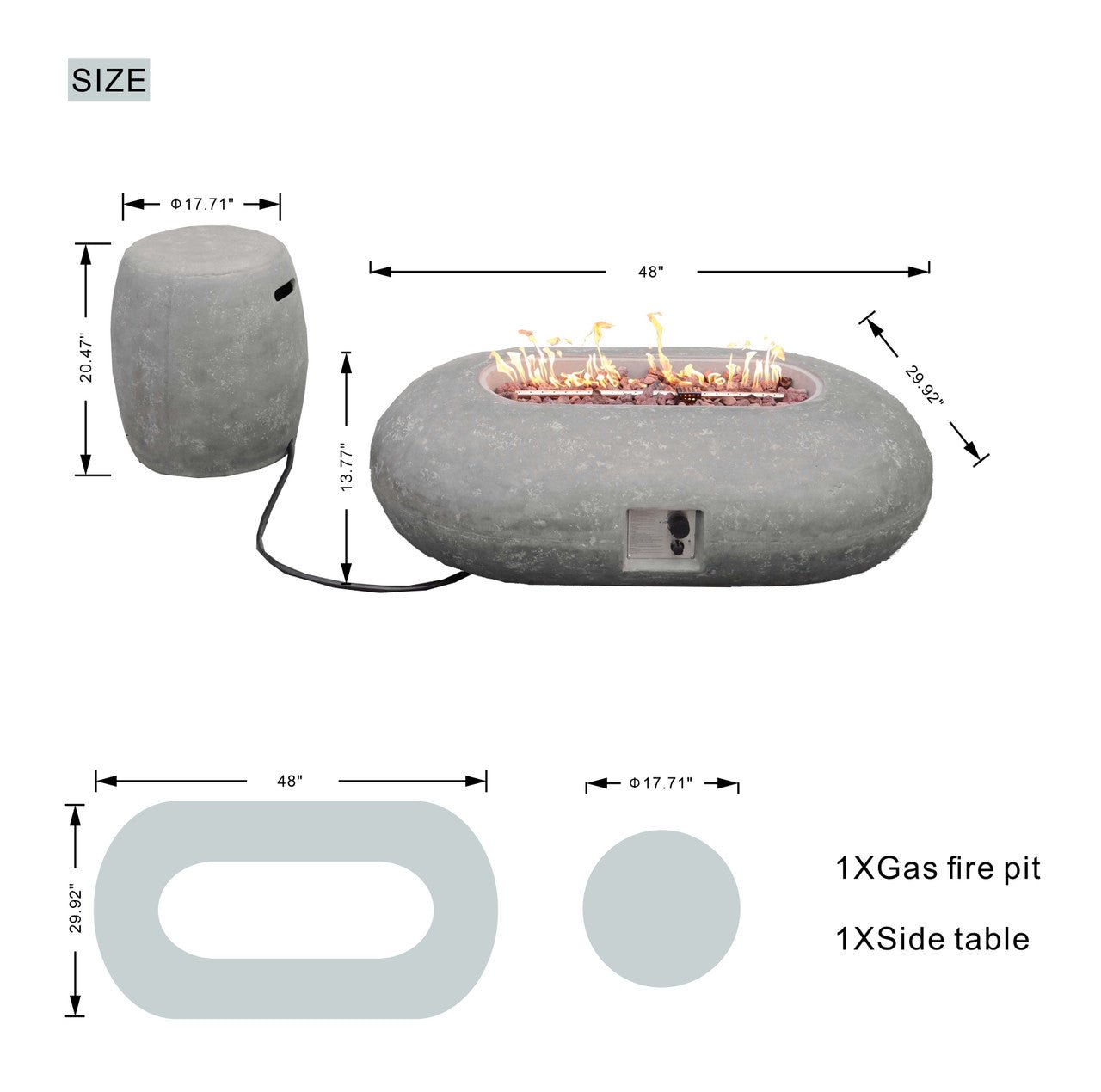 Grey Oval Cement Firepit Table with Gas Cylinder Cover (PAG - 24912) - Direct Wicker
