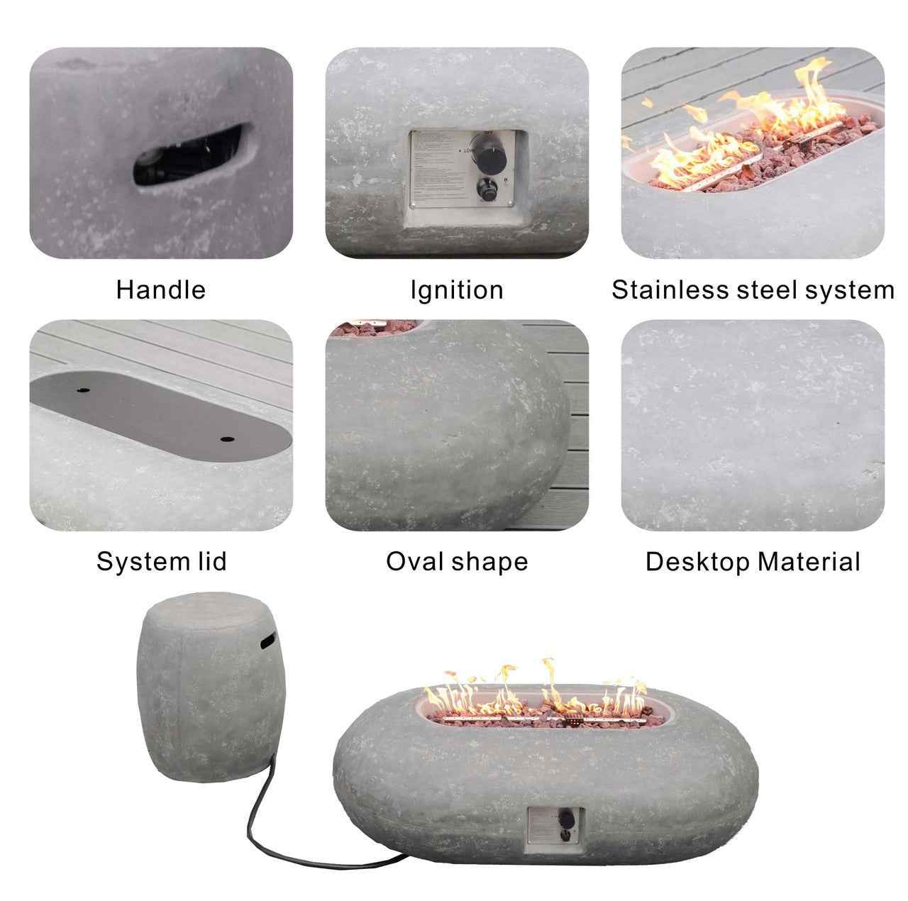 Grey Oval Cement Firepit Table with Gas Cylinder Cover (PAG-24912)