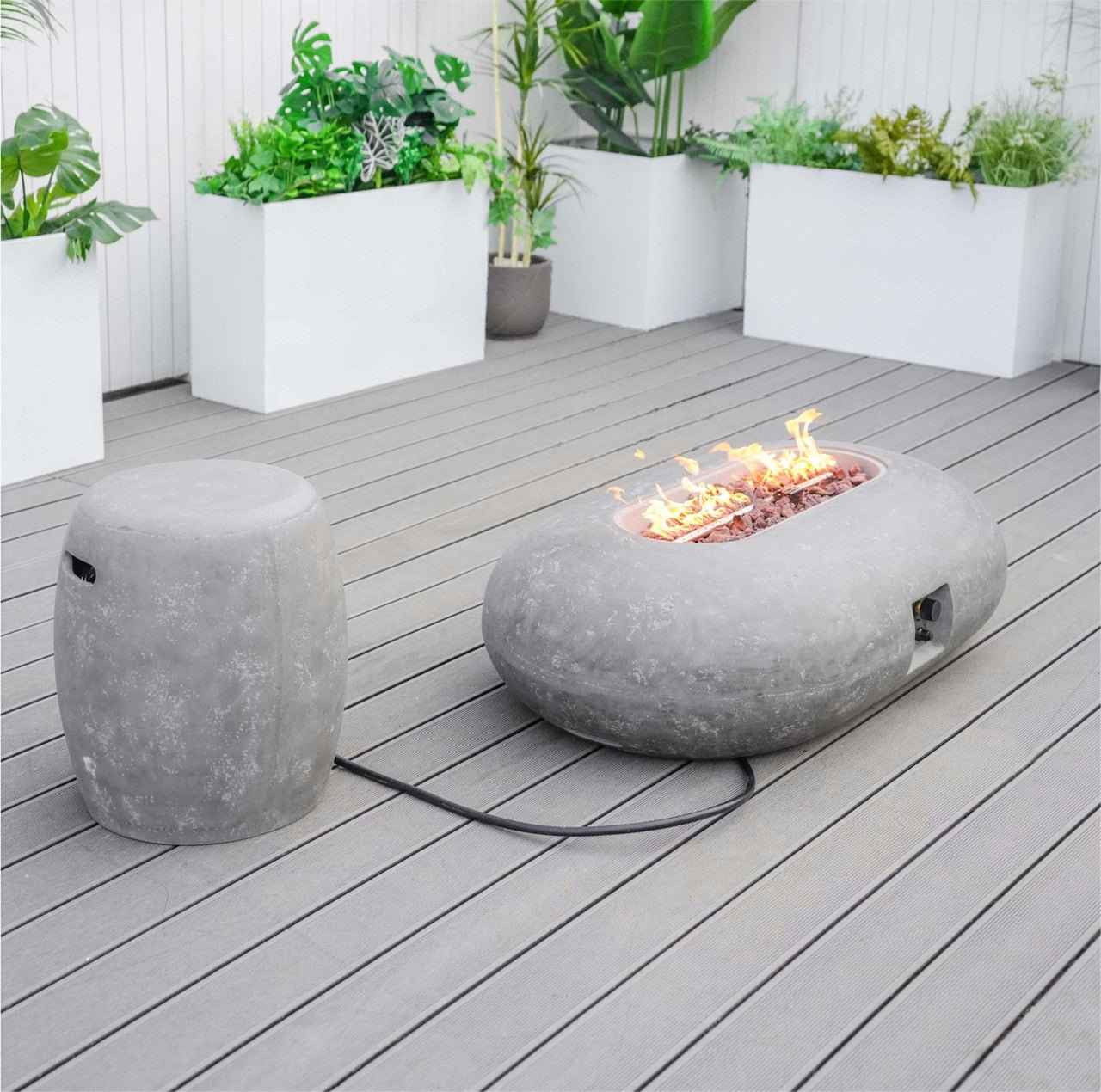 Grey Oval Cement Firepit Table with Gas Cylinder Cover (PAG-24912)
