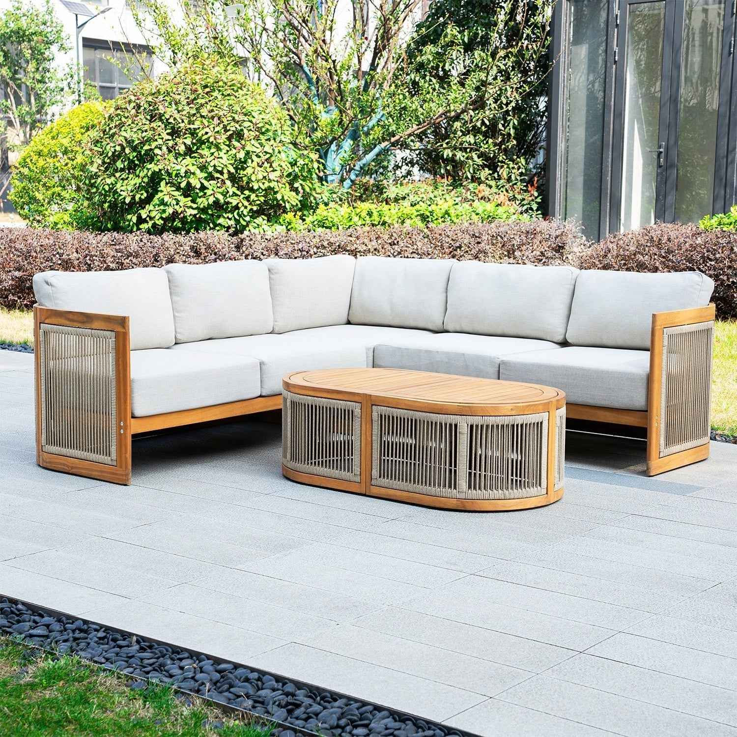 L-Shape 4-Seat Solid Wood Modular Sofa Set with Oval Coffee Table (PAS-2516-LS+CS+RS+OTA)