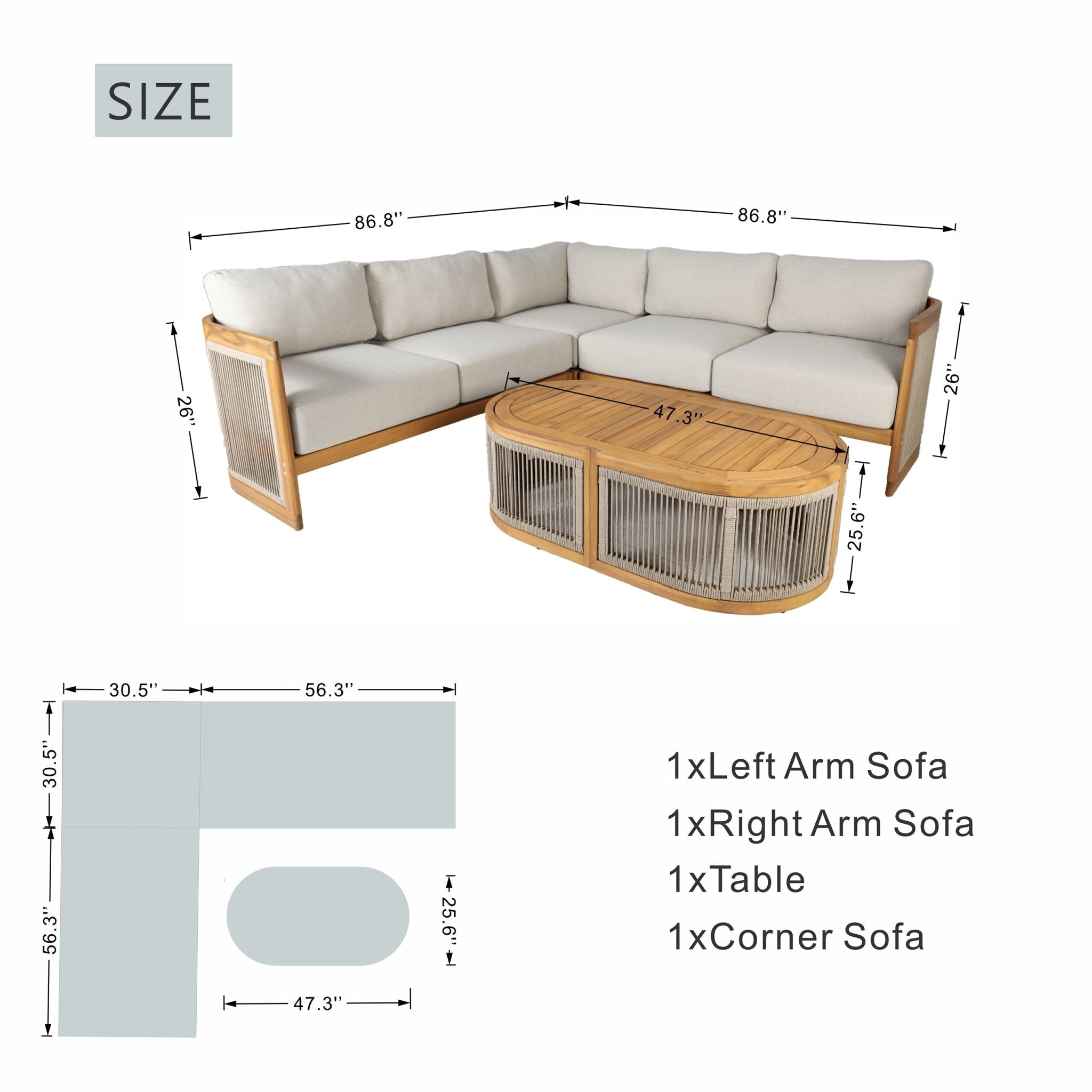 L - Shape 4 - Seat Solid Wood Modular Sofa Set with Oval Coffee Table (PAS - 2516 - LS+CS+RS+OTA) - Direct Wicker