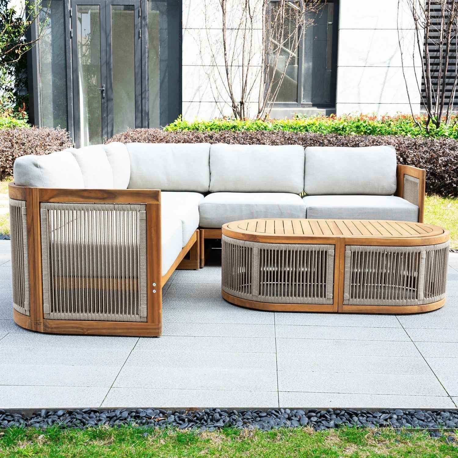 L-Shape 4-Seat Solid Wood Modular Sofa Set with Oval Coffee Table (PAS-2516-LS+CS+RS+OTA)