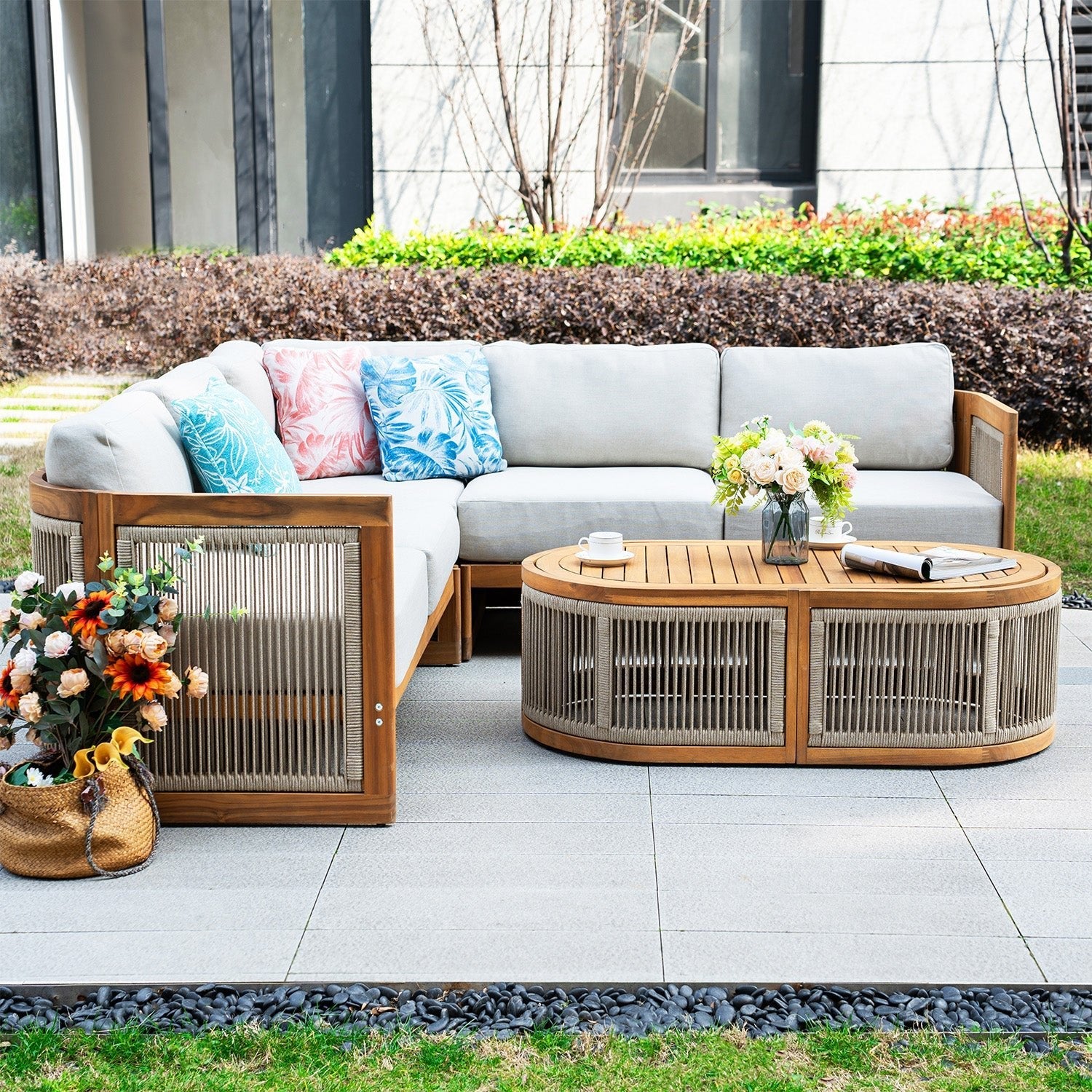 L - Shape 4 - Seat Solid Wood Modular Sofa Set with Oval Coffee Table (PAS - 2516 - LS+CS+RS+OTA) - Direct Wicker