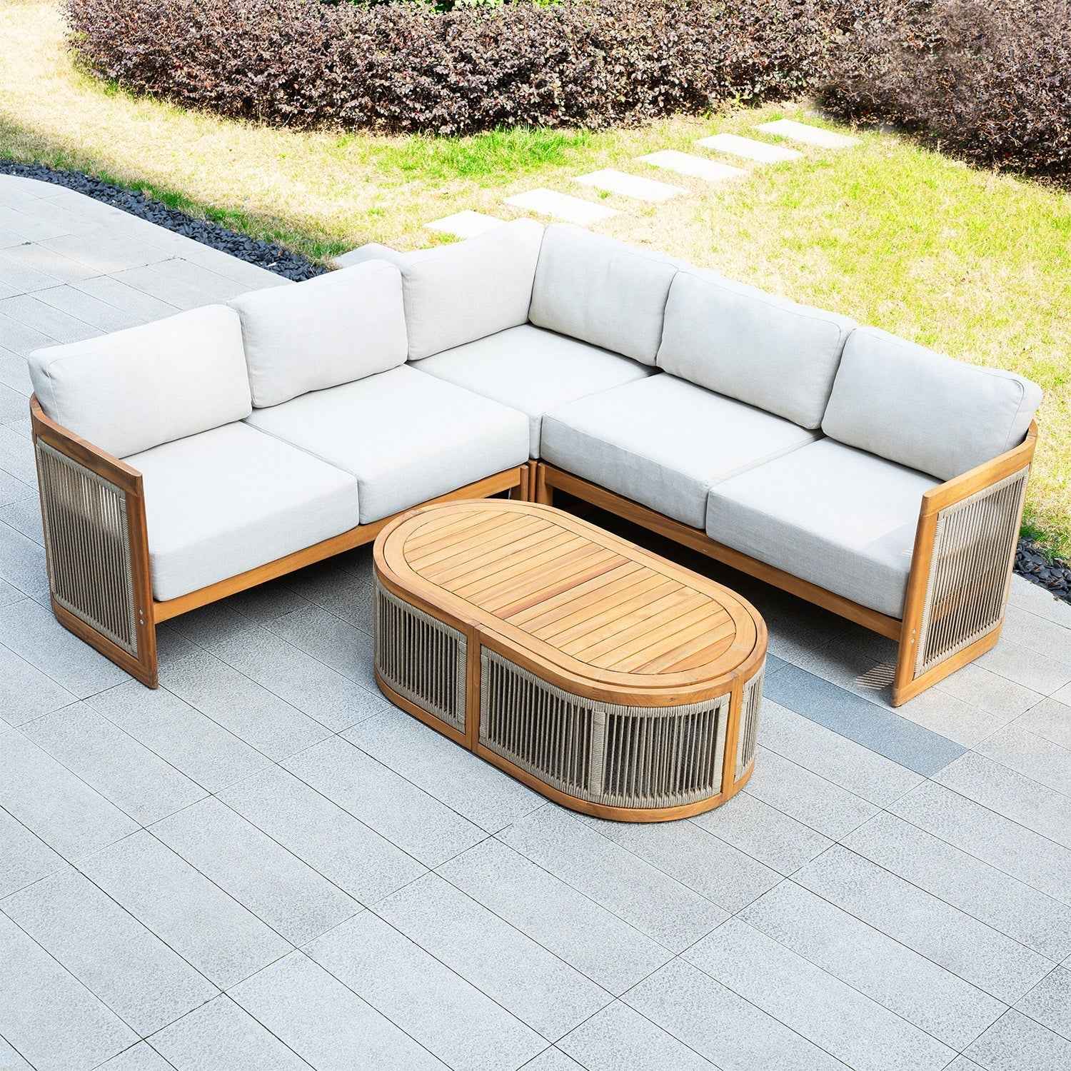 L-Shape 4-Seat Solid Wood Modular Sofa Set with Oval Coffee Table (PAS-2516-LS+CS+RS+OTA)