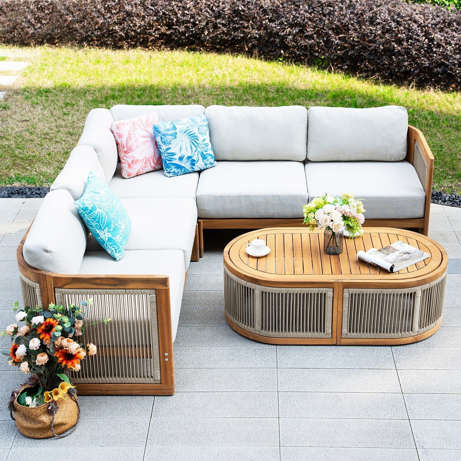 L - Shape 4 - Seat Solid Wood Modular Sofa Set with Oval Coffee Table (PAS - 2516 - LS+CS+RS+OTA) - Direct Wicker
