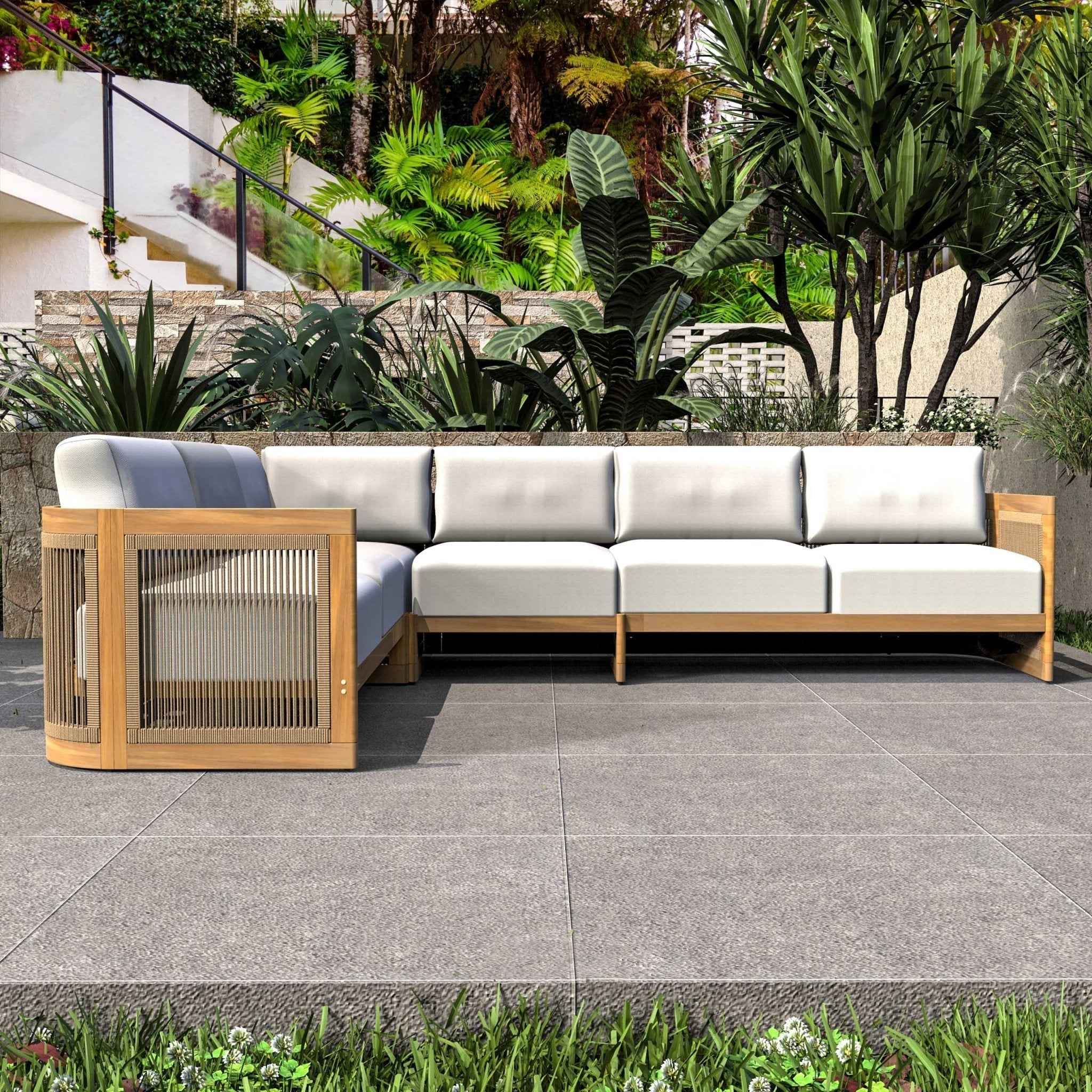 L-Shape 5-Seat Solid Wood Modular Sofa Set with Cushions (PAS-2516-LS+CS+MS+RS)