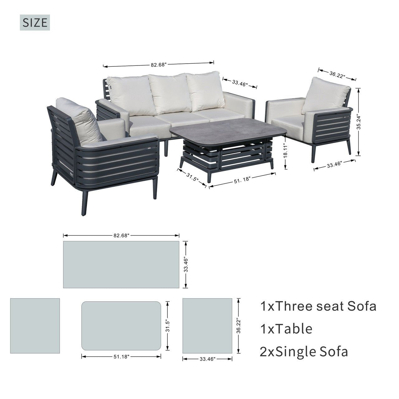 New Aluminum Exposed Tube High-End 5-Seat Sofa Set (PAS-2350TS） - Direct Wicker