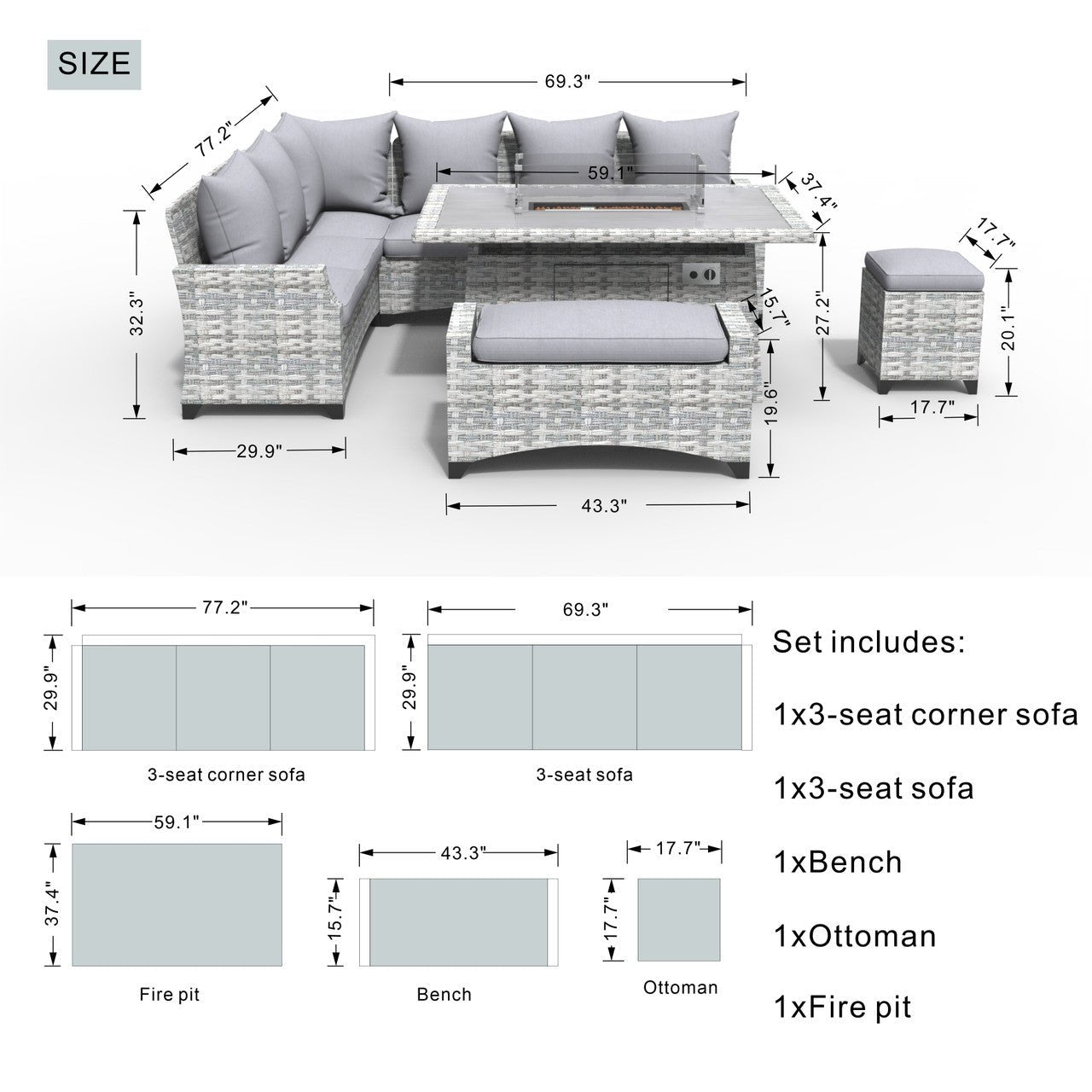 Outdoor Fire Pit Sofa Set 5 - Piece (PAF - 2001) - Direct Wicker
