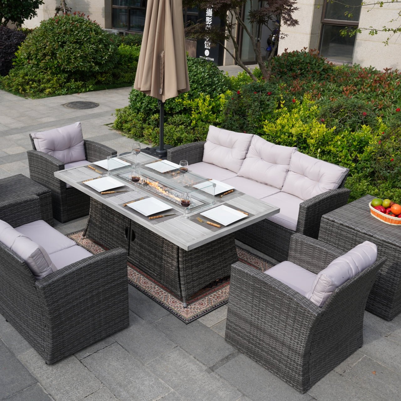 Outdoor Fire Pit Sofa Set with Rectangular Firepit Table (PAS - 1503+1106RA) - Direct Wicker