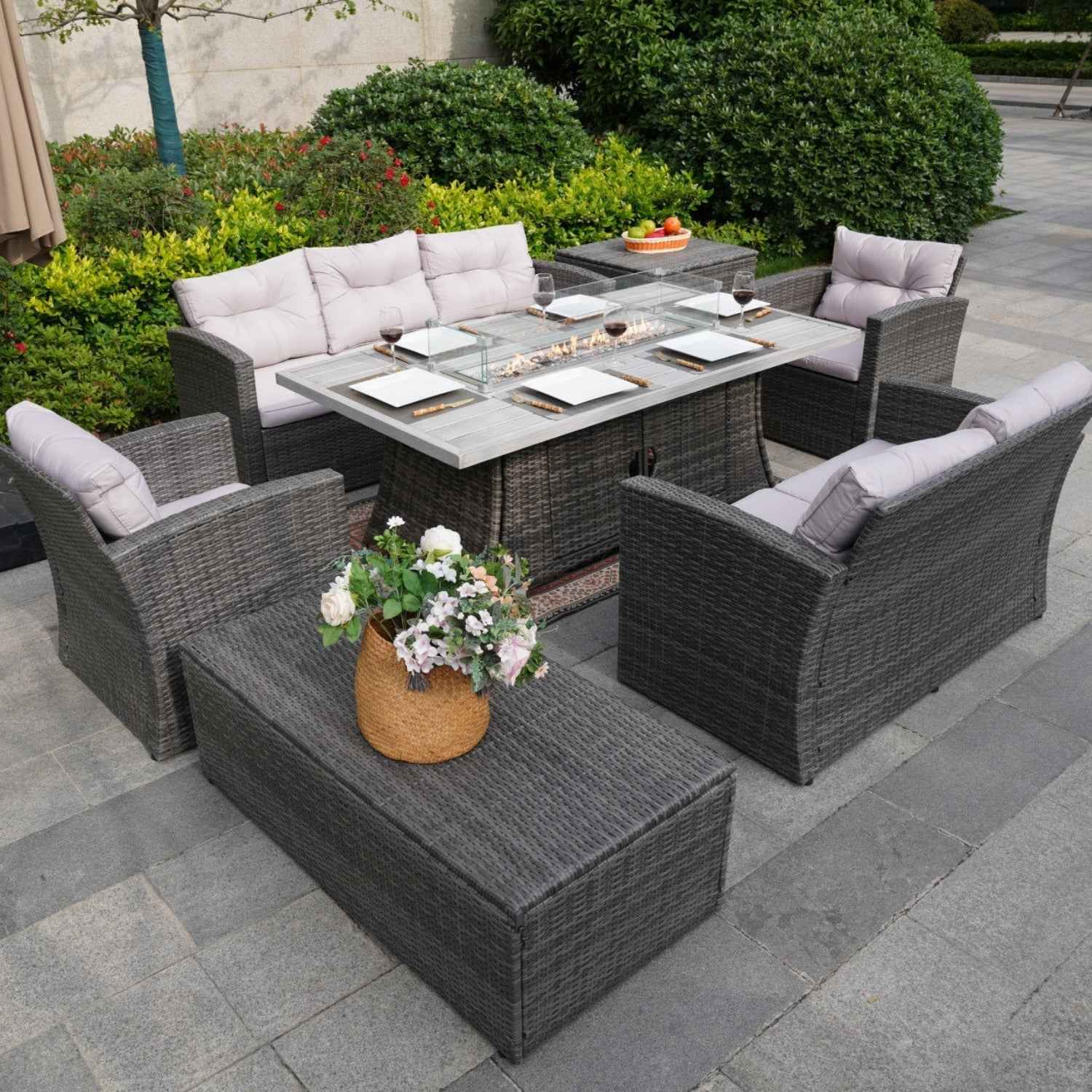 Outdoor Fire Pit Sofa Set with Rectangular Firepit Table (PAS-1503+1106RA)