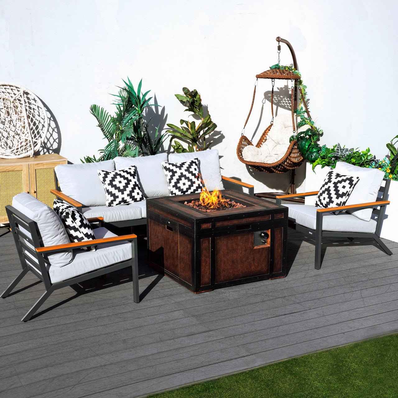 Outdoor Small Space Teak Armrests Exposed Aluminum Pipe Sofa Set (PAS-2481+PAG-2354)