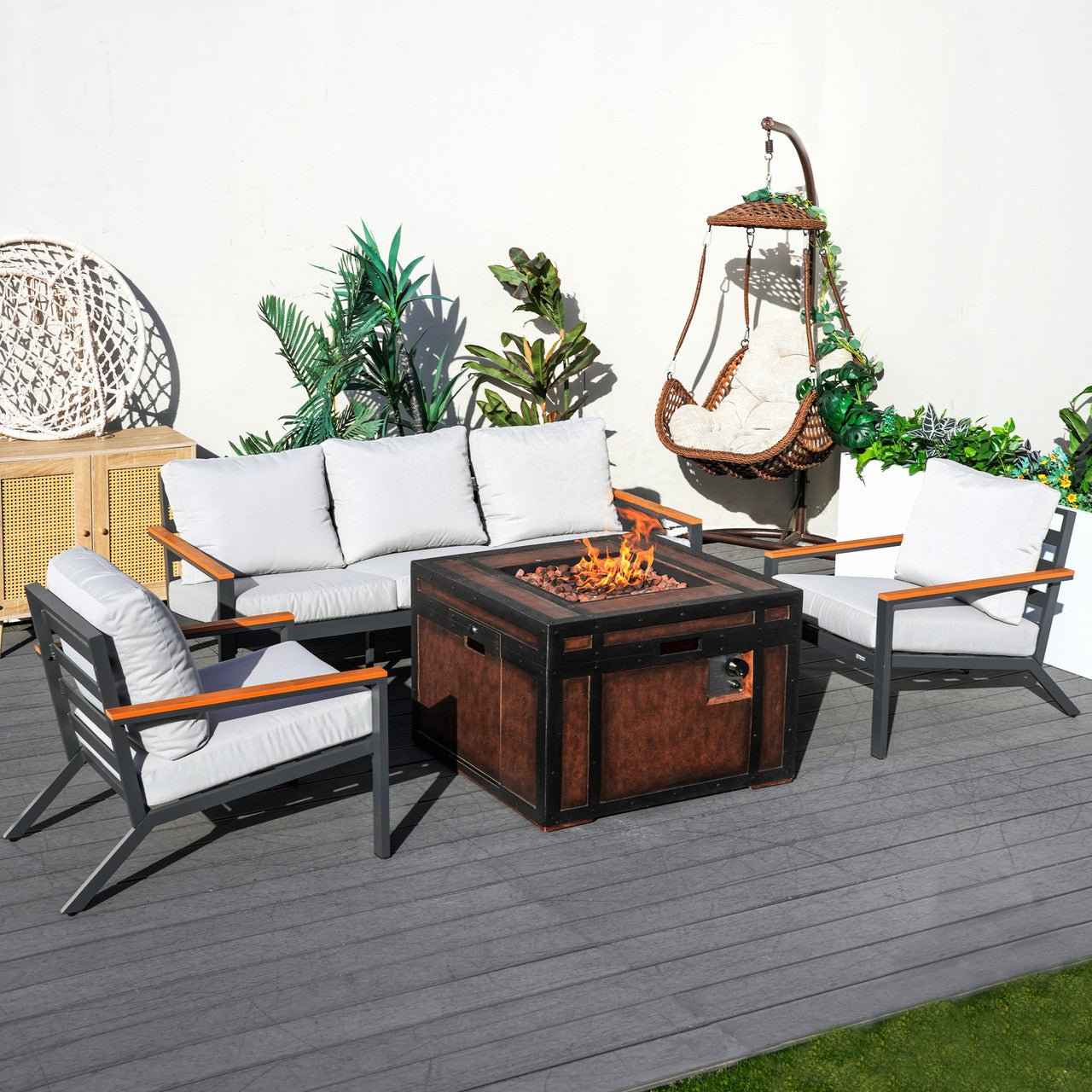 Outdoor Small Space Teak Armrests Exposed Aluminum Pipe Sofa Set (PAS-2481+PAG-2354)