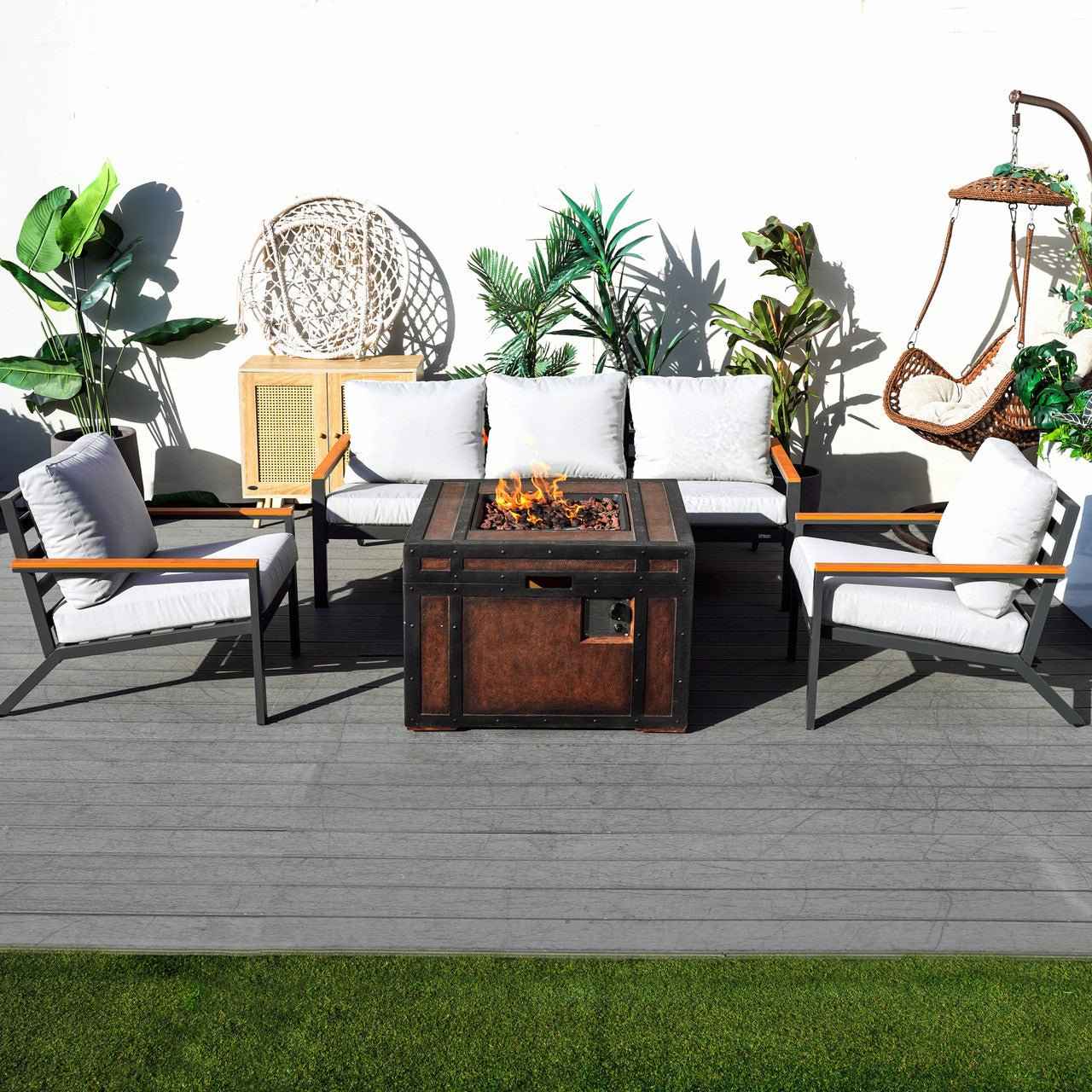 Outdoor Small Space Teak Armrests Exposed Aluminum Pipe Sofa Set (PAS-2481+PAG-2354)