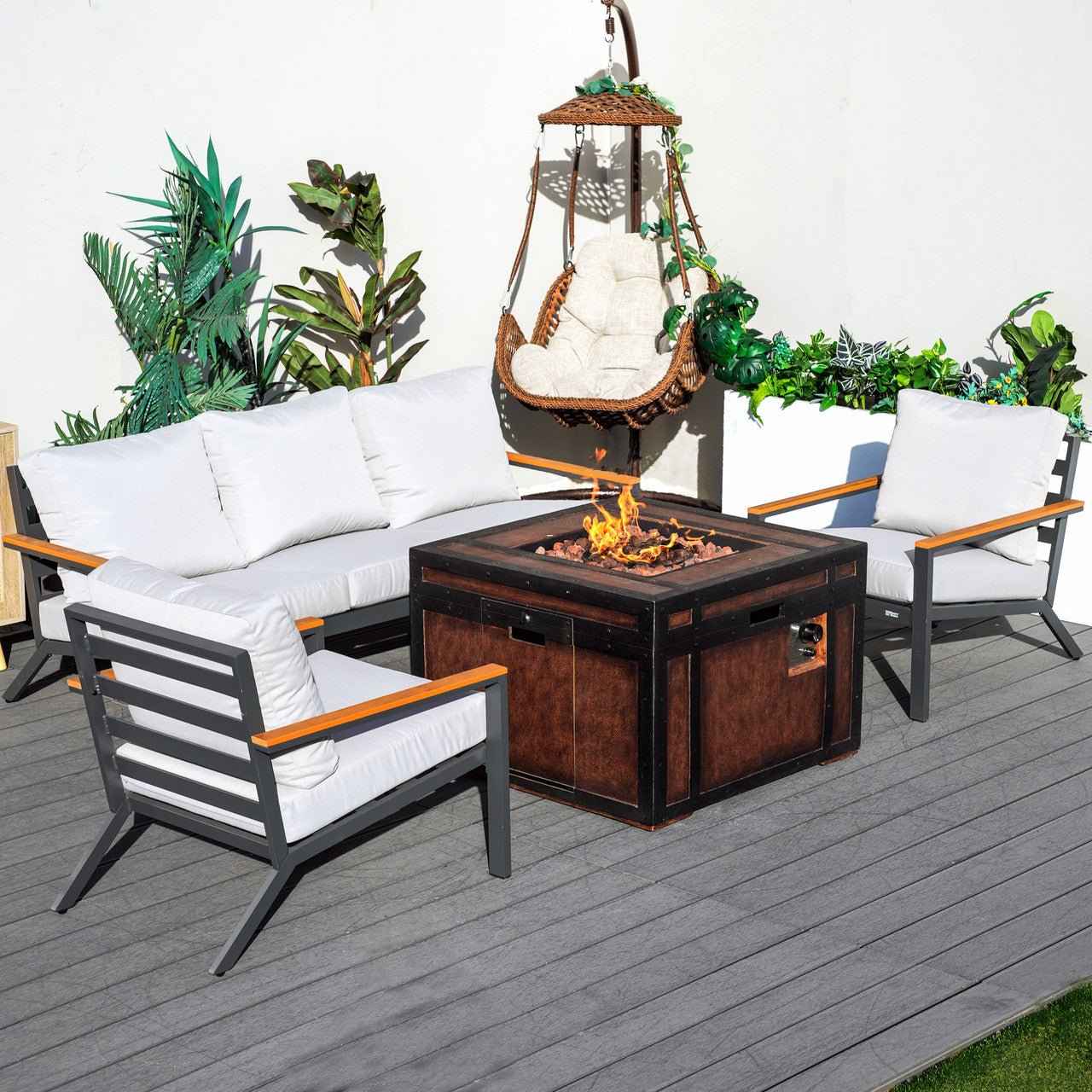 Outdoor Small Space Teak Armrests Exposed Aluminum Pipe Sofa Set (PAS-2481+PAG-2354)