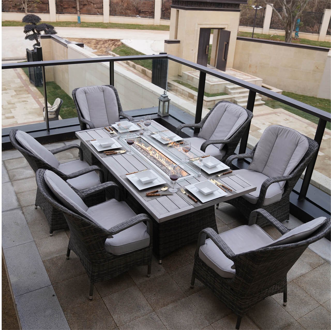 Parma 6 - Seat Outdoor Fire Pit Dining Set - Fire Pit Table with Aluminum TableTop (PAG - 1106RA) - Direct Wicker