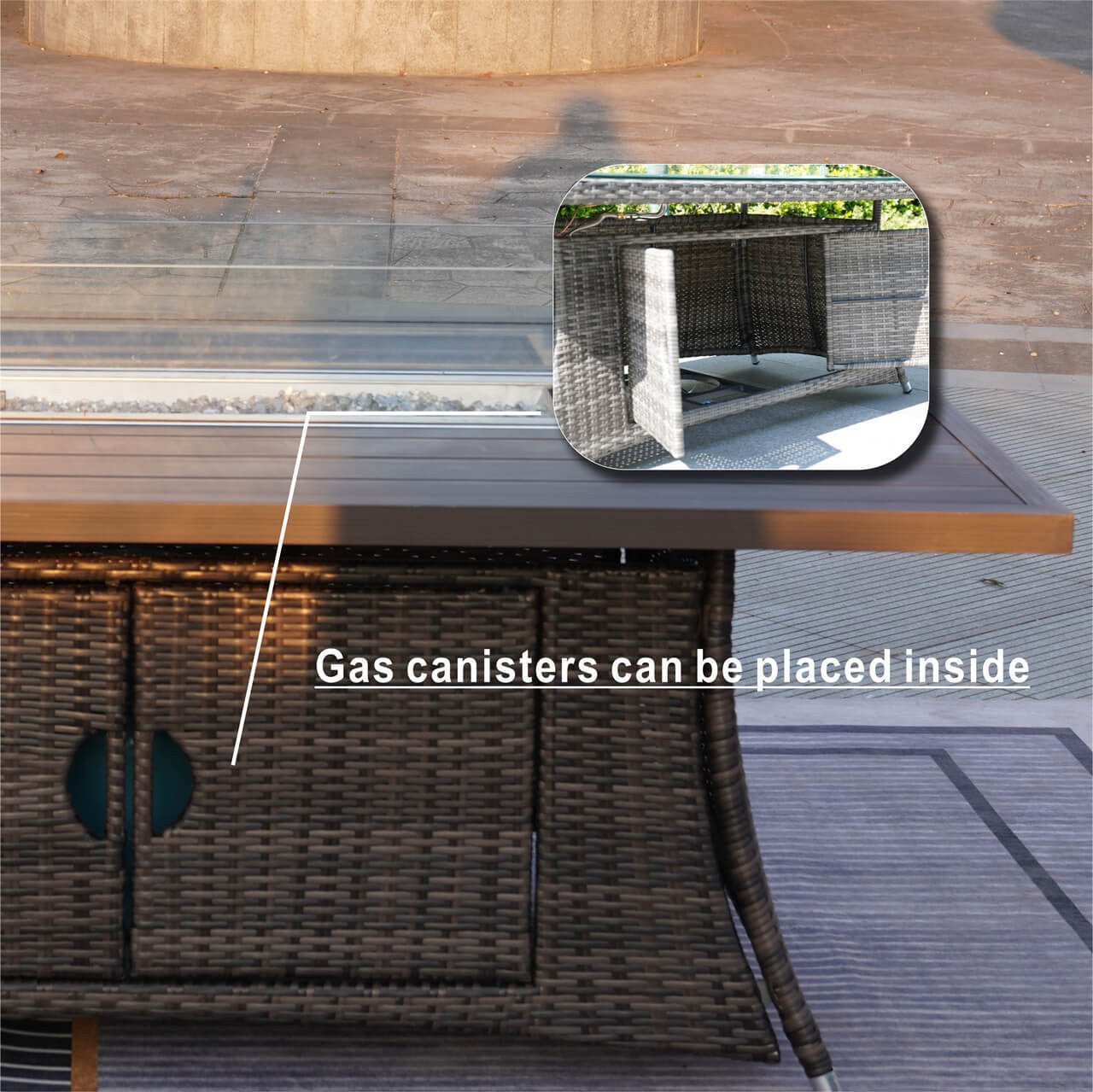 Details of Patio Fire Pit Set 6-Seat Rectangular Aluminum Table with Chairs