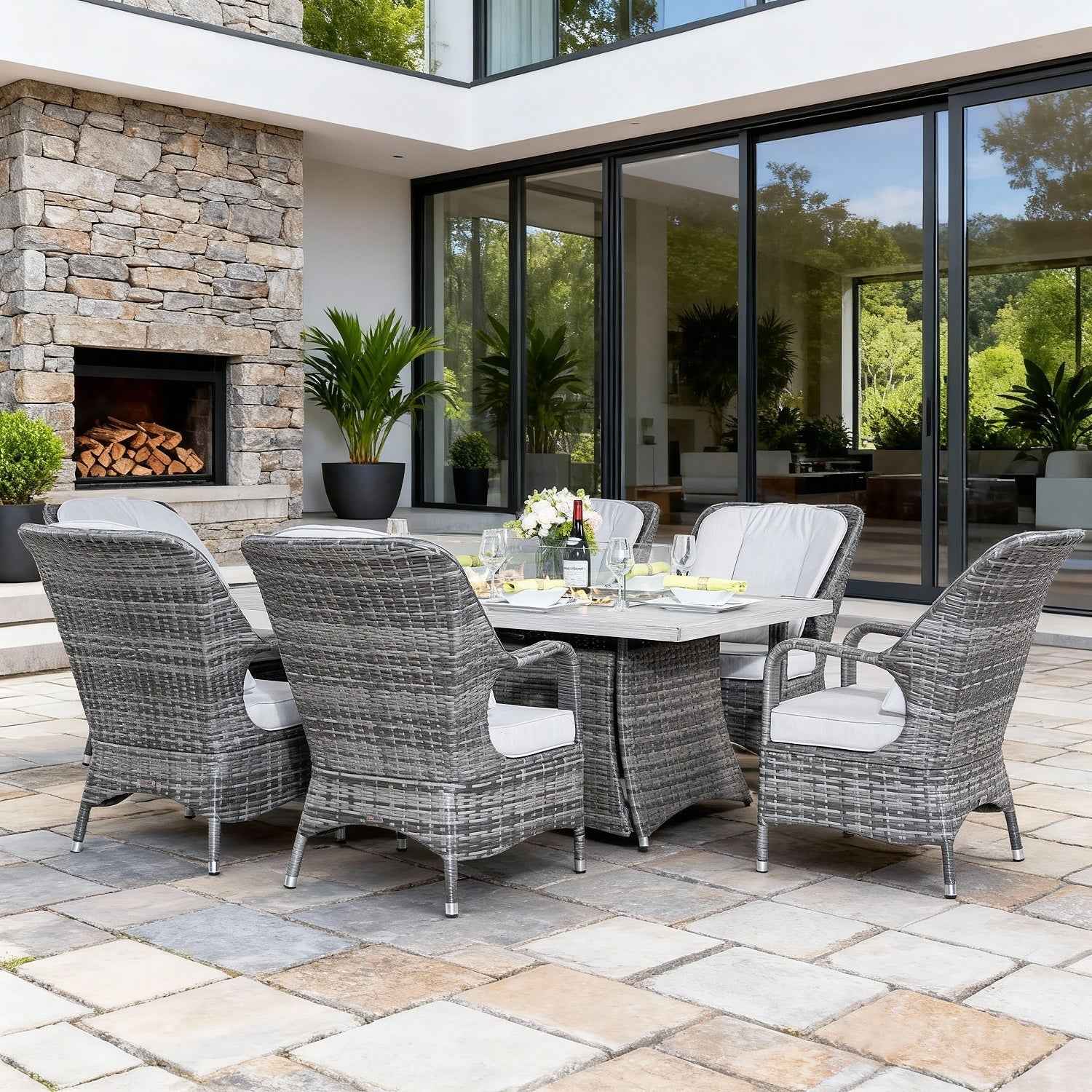 Parma 6-Seat Outdoor Fire Pit Dining Set- Fire Pit Table with Aluminum TableTop (PAG-1106RA)
