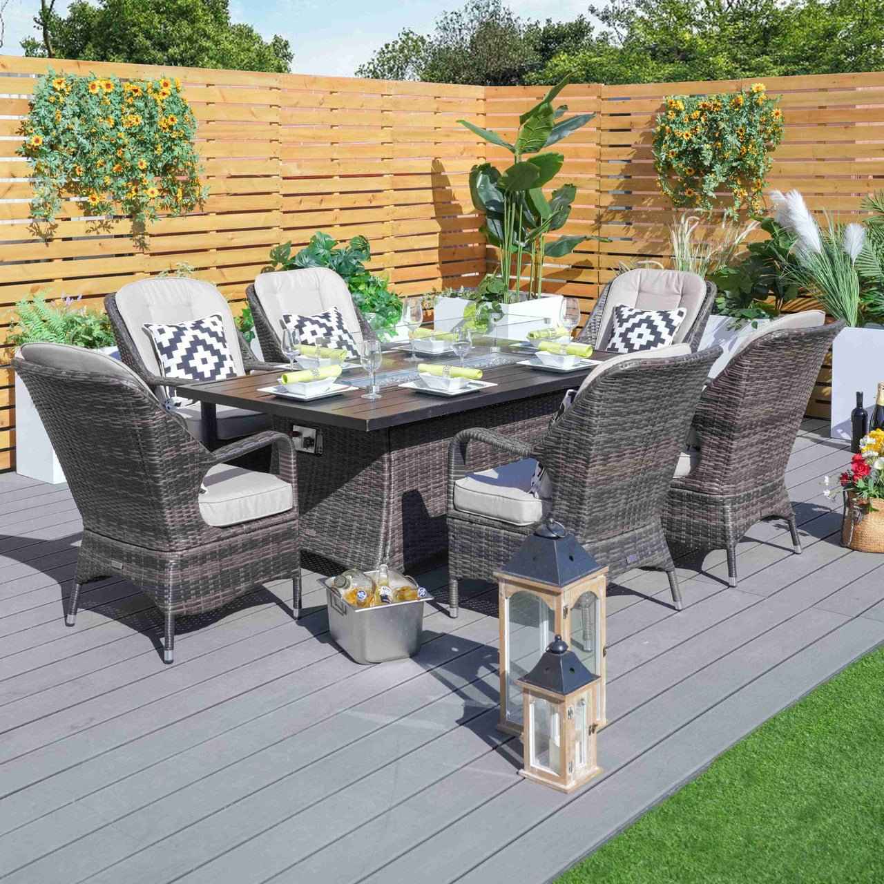 Parma 6-Seat Outdoor Fire Pit Dining Set- Fire Pit Table with Aluminum TableTop (PAG-1106RA)
