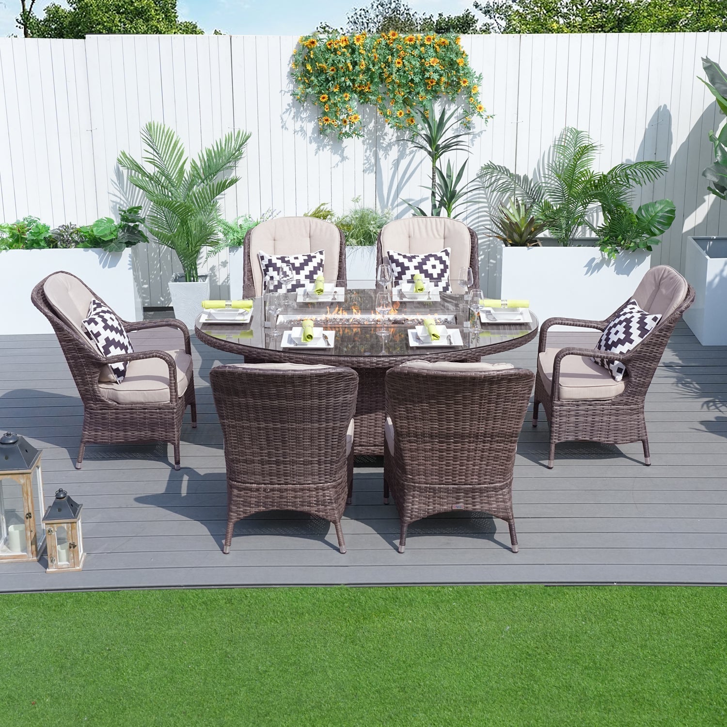 Parma 6-Seat Outdoor Fire Pit Dining Set – Oval Gas Fire Pit Table (PAG-1106O) - Direct Wicker