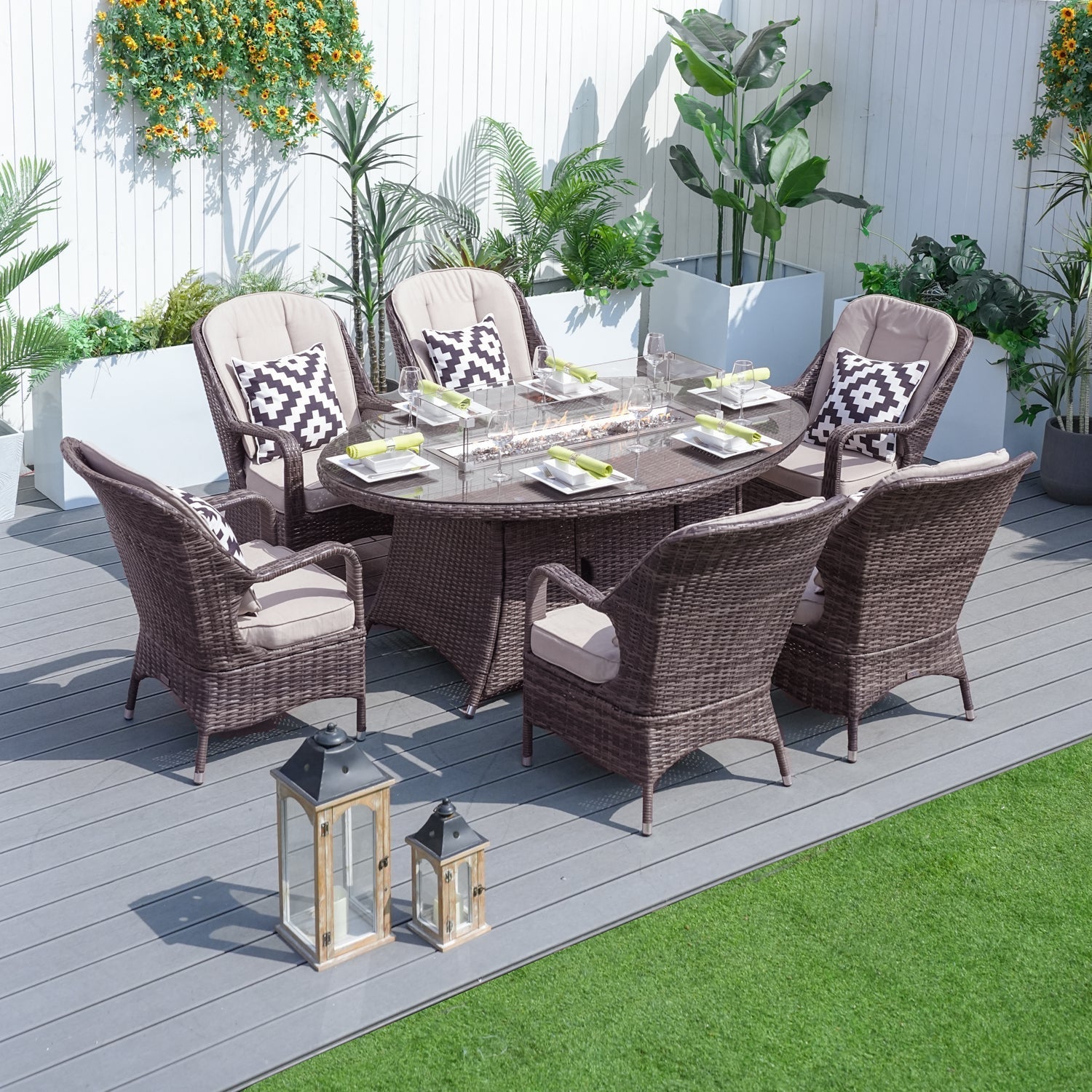 Parma 6-Seat Outdoor Fire Pit Dining Set – Oval Gas Fire Pit Table (PAG-1106O) - Direct Wicker